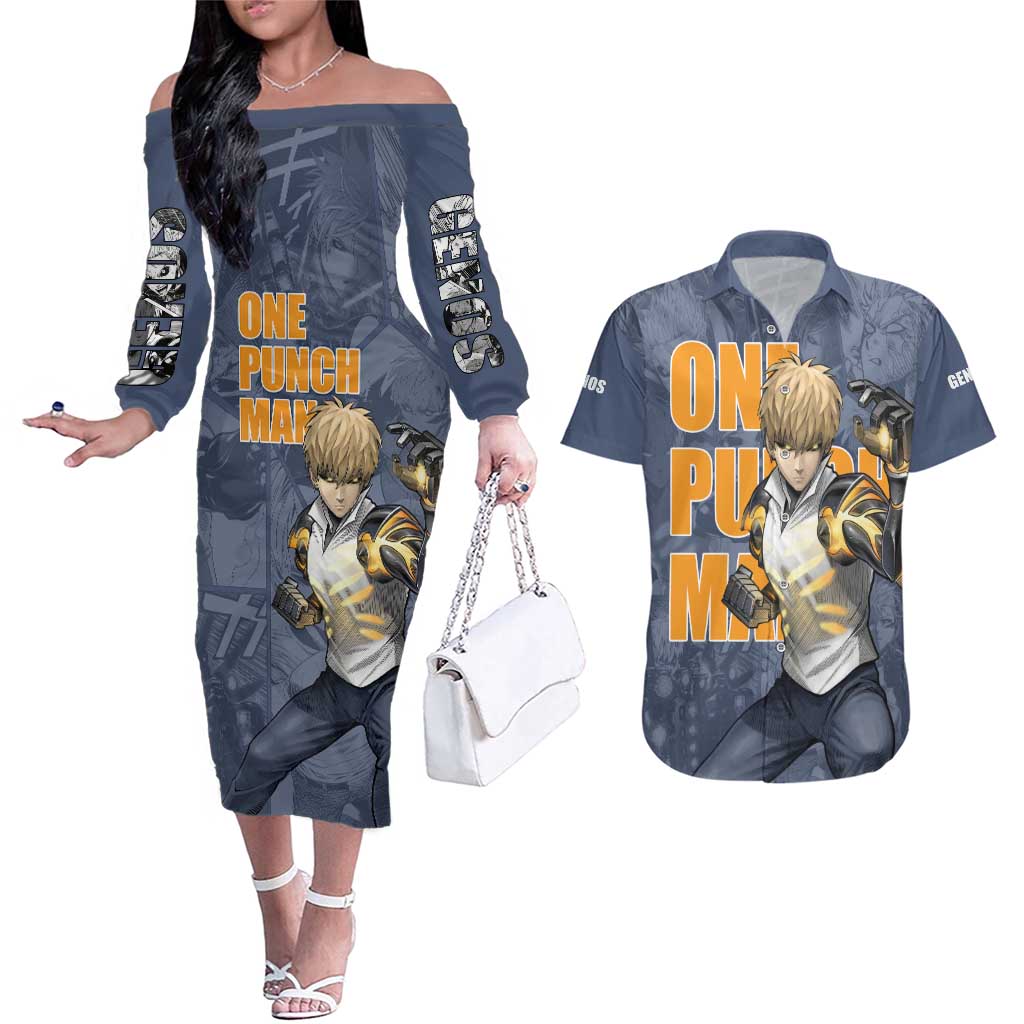 Genos - One Punch Man Couples Matching Off The Shoulder Long Sleeve Dress and Hawaiian Shirt Anime Style