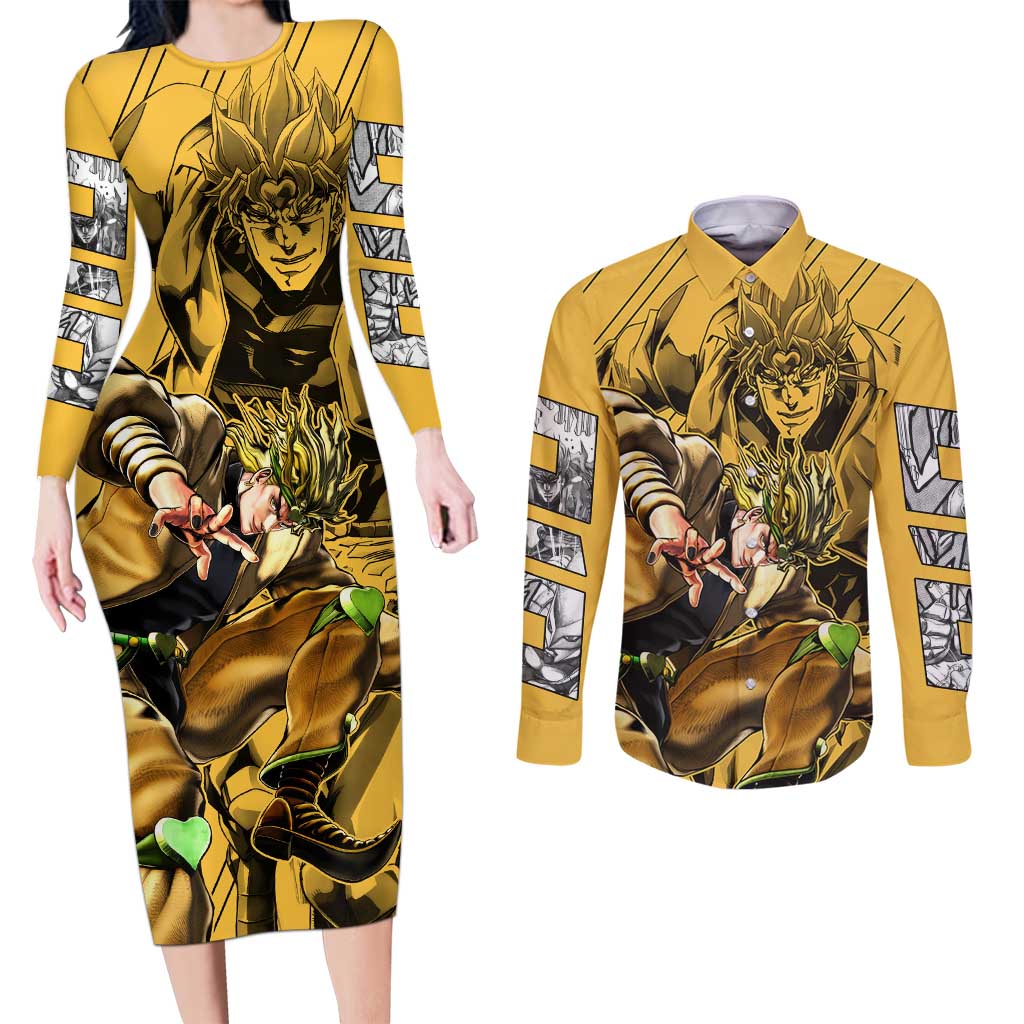 Dio Brando oJo's Bizarre Adventure Couples Matching Long Sleeve Bodycon Dress and Long Sleeve Button Shirt Anime Style