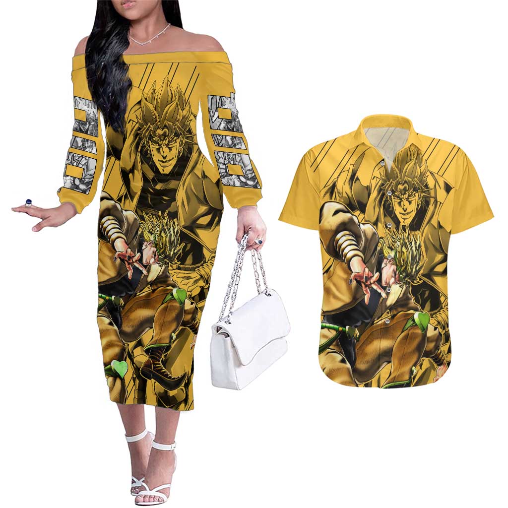 Dio Brando oJo's Bizarre Adventure Couples Matching Off The Shoulder Long Sleeve Dress and Hawaiian Shirt Anime Style