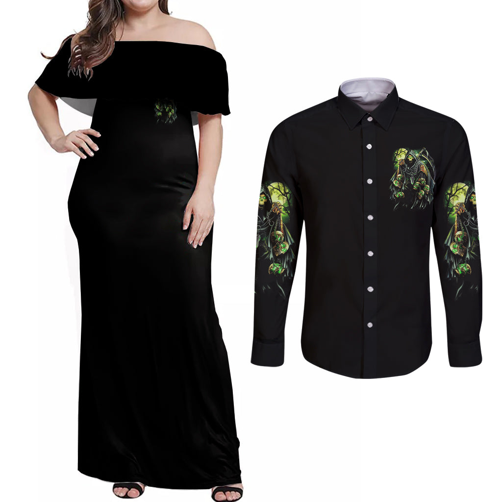 of-course-im-going-to-hell-skull-couples-matching-off-shoulder-maxi-dress-and-long-sleeve-button-shirt