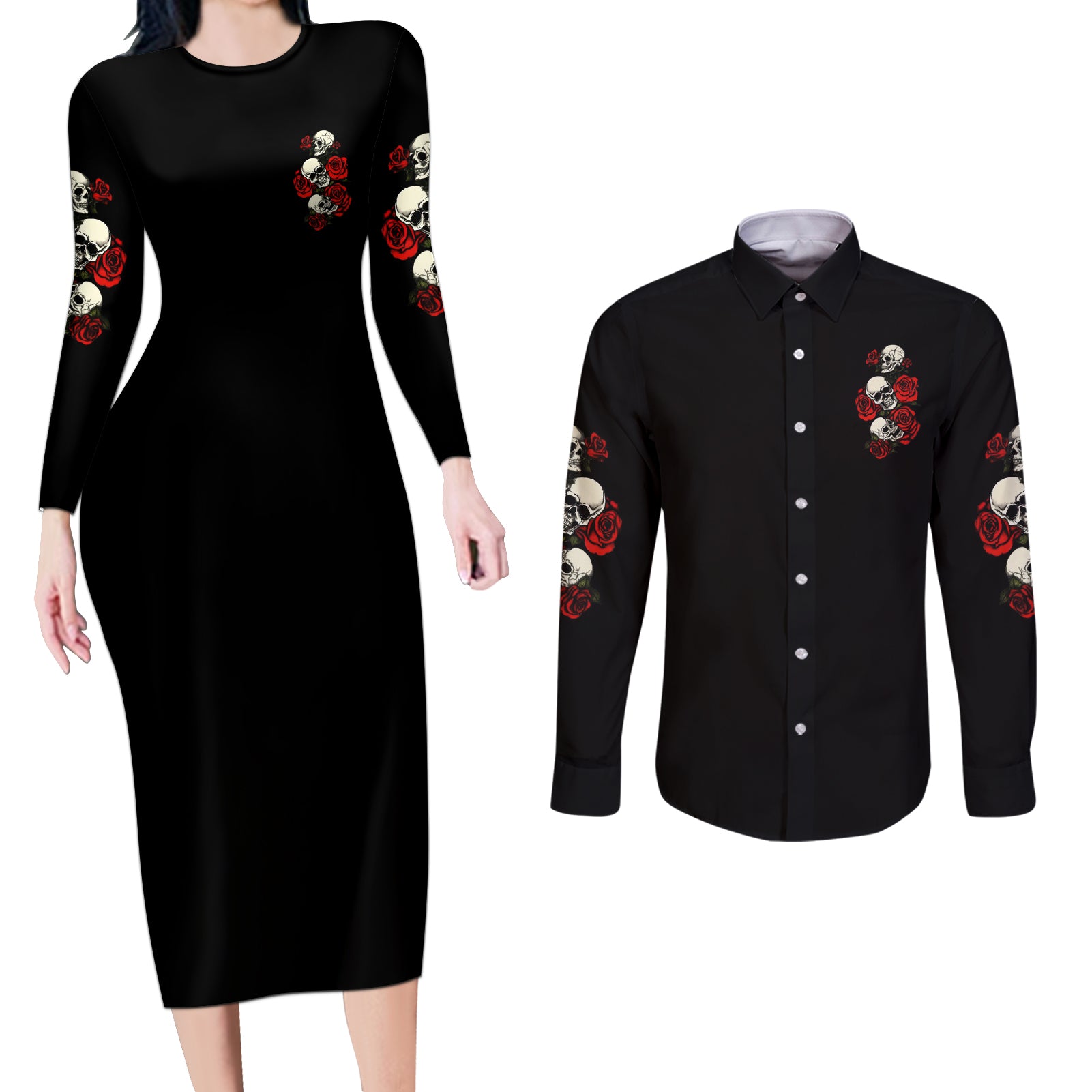 the-good-girl-in-me-3-skulls-rose-vintage-couples-matching-long-sleeve-bodycon-dress-and-long-sleeve-button-shirt