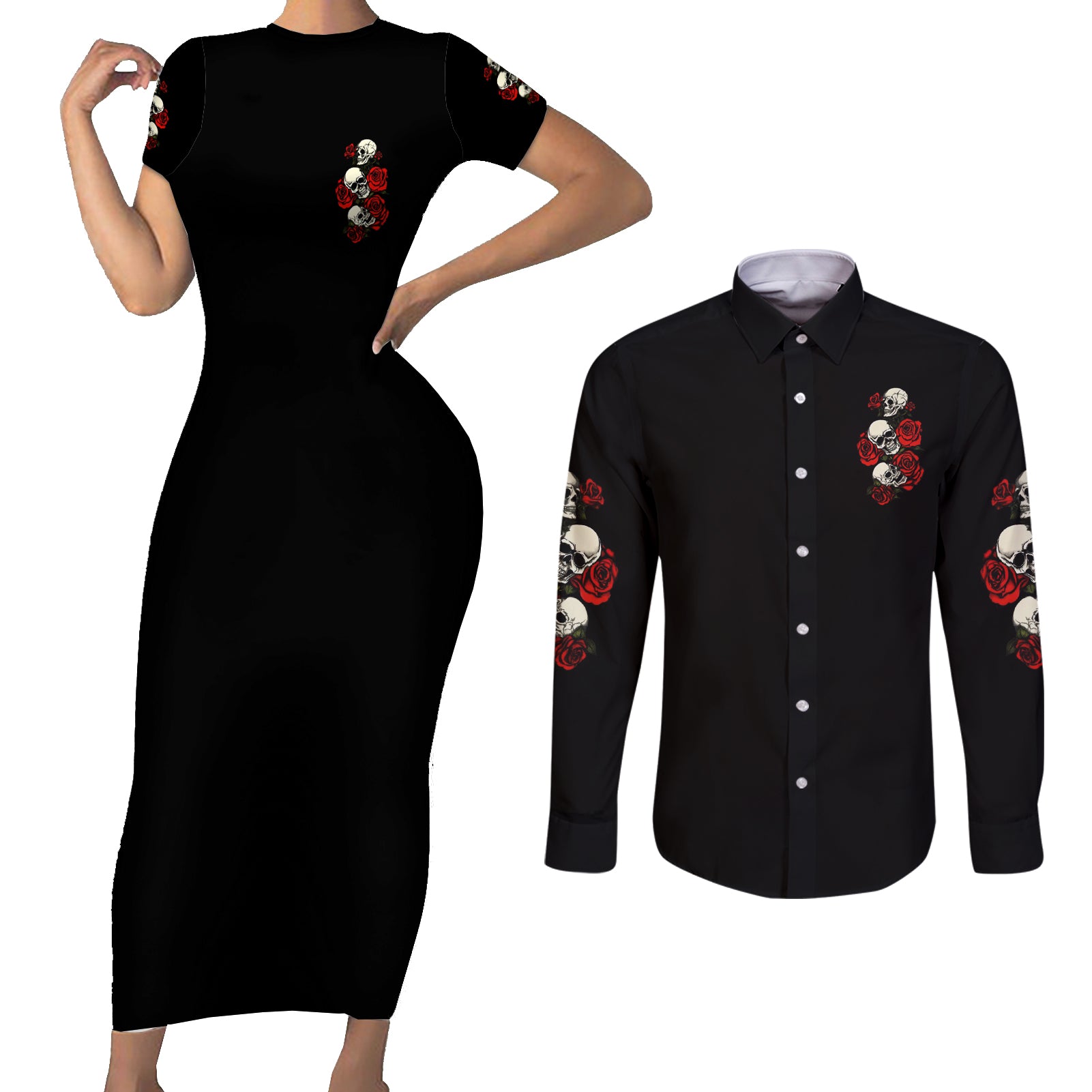 the-good-girl-in-me-3-skulls-rose-vintage-couples-matching-short-sleeve-bodycon-dress-and-long-sleeve-button-shirt