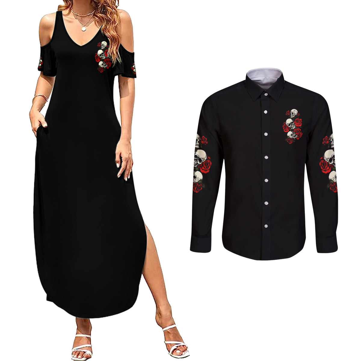 the-good-girl-in-me-3-skulls-rose-vintage-couples-matching-summer-maxi-dress-and-long-sleeve-button-shirt