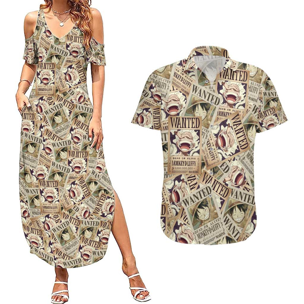 Luffy Wanted - One Piece Couples Matching Summer Maxi Dress and Hawaiian Shirt Anime Style