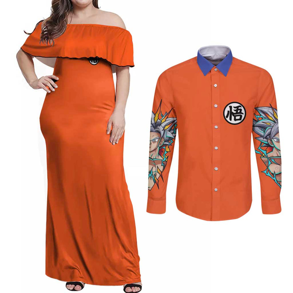 Son Goku V2 Dragon Ball Z Couples Matching Off Shoulder Maxi Dress and Long Sleeve Button Shirt Anime Style