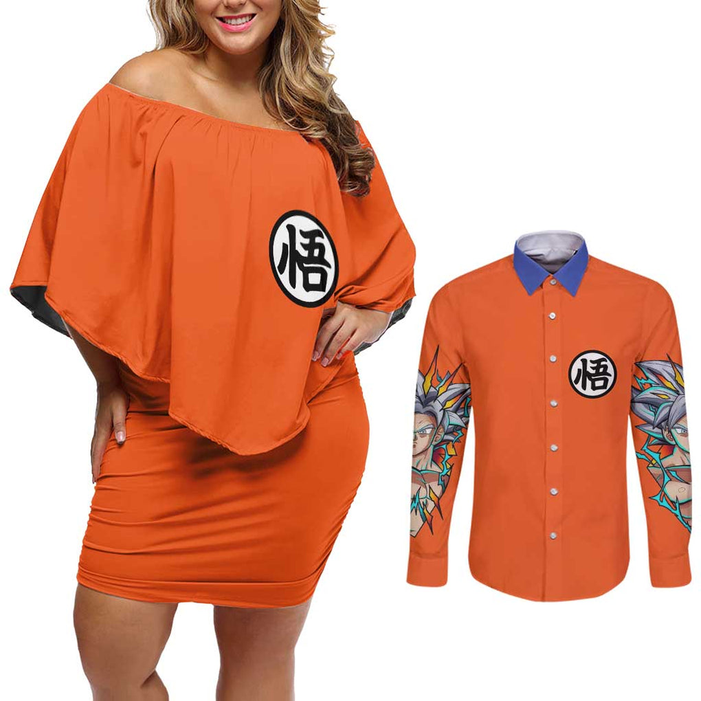 Son Goku V2 Dragon Ball Z Couples Matching Off Shoulder Short Dress and Long Sleeve Button Shirt Anime Style