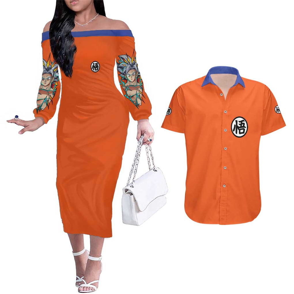 Son Goku V2 Dragon Ball Z Couples Matching Off The Shoulder Long Sleeve Dress and Hawaiian Shirt Anime Style