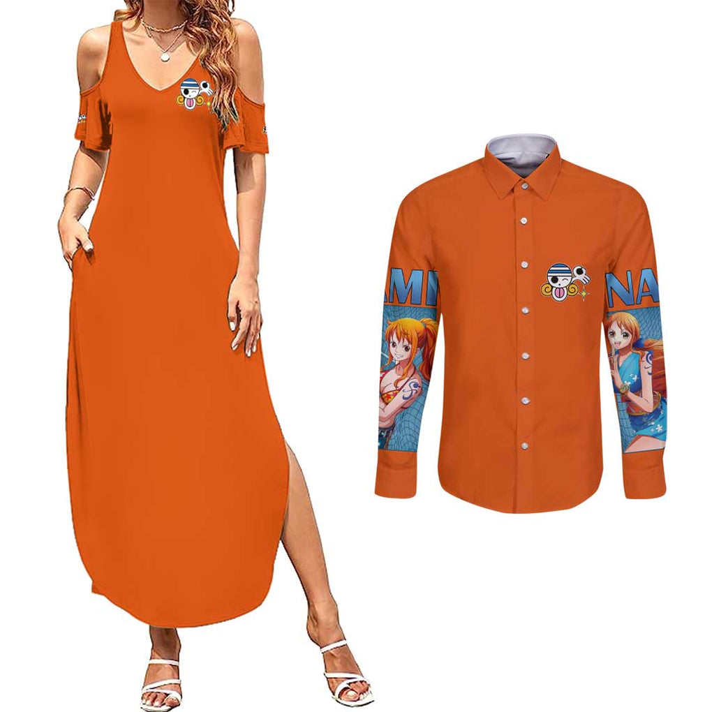 Nami V2 One Piece Couples Matching Summer Maxi Dress and Long Sleeve Button Shirt Anime Style