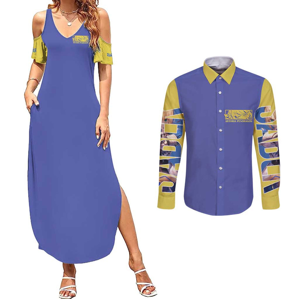 Saber Fate Stay Night Unlimited Blade Works Couples Matching Summer Maxi Dress and Long Sleeve Button Shirt Anime Style