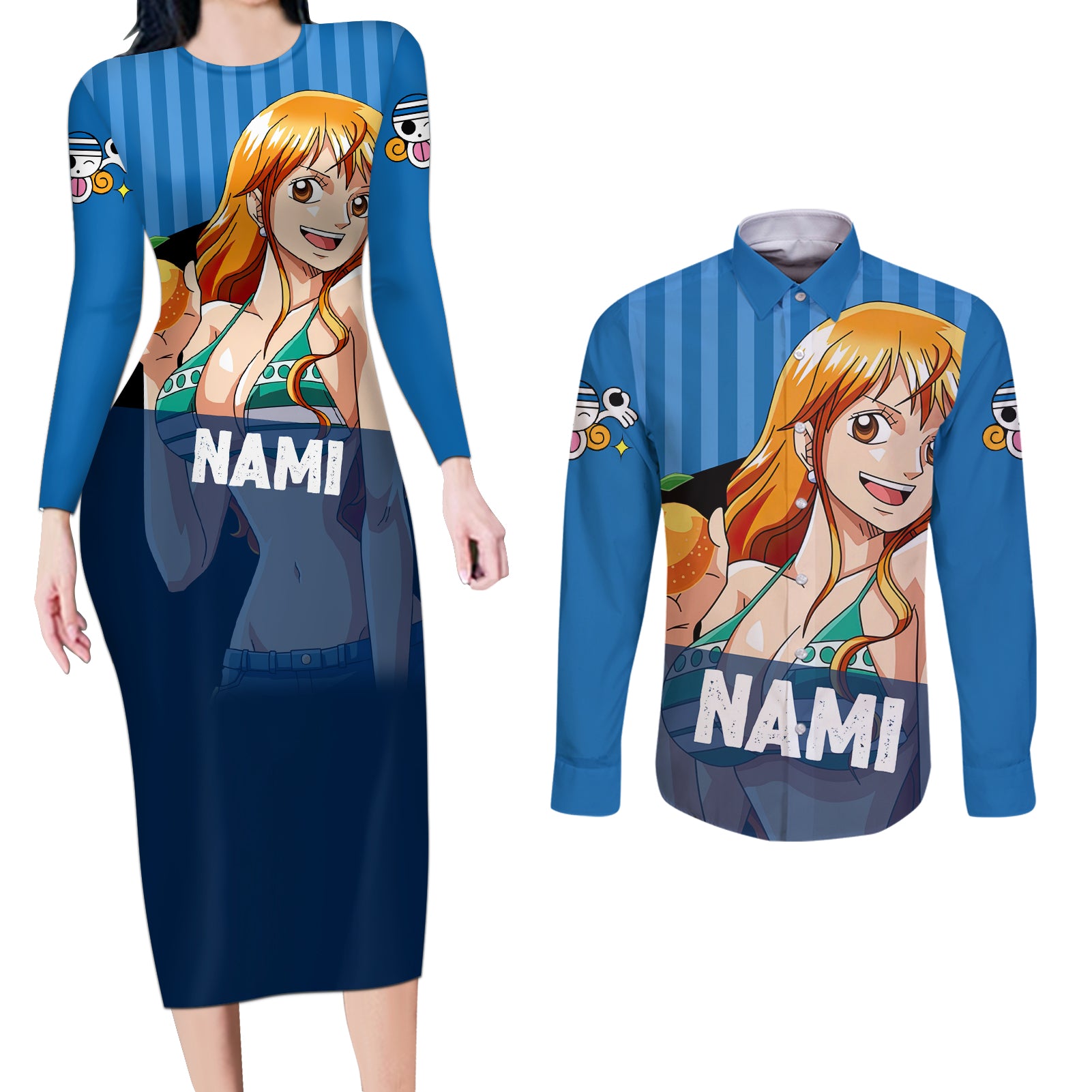 Nami - Cat Burglar Anime Couples Matching Long Sleeve Bodycon Dress and Long Sleeve Button Shirt