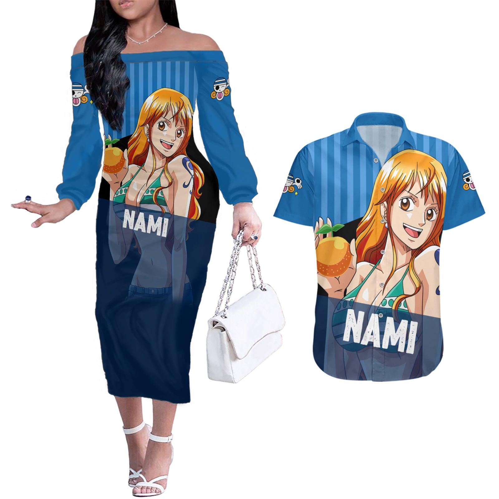 Nami - Cat Burglar Anime Couples Matching Off The Shoulder Long Sleeve Dress and Hawaiian Shirt