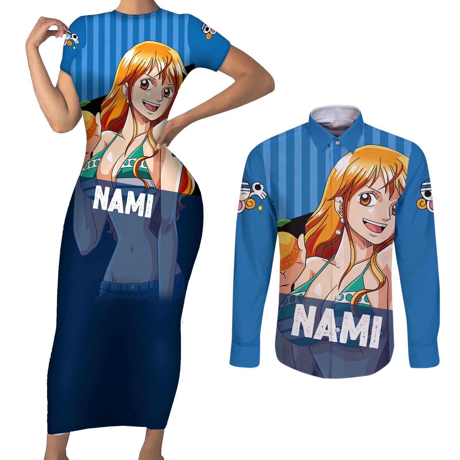 Nami - Cat Burglar Anime Couples Matching Short Sleeve Bodycon Dress and Long Sleeve Button Shirt