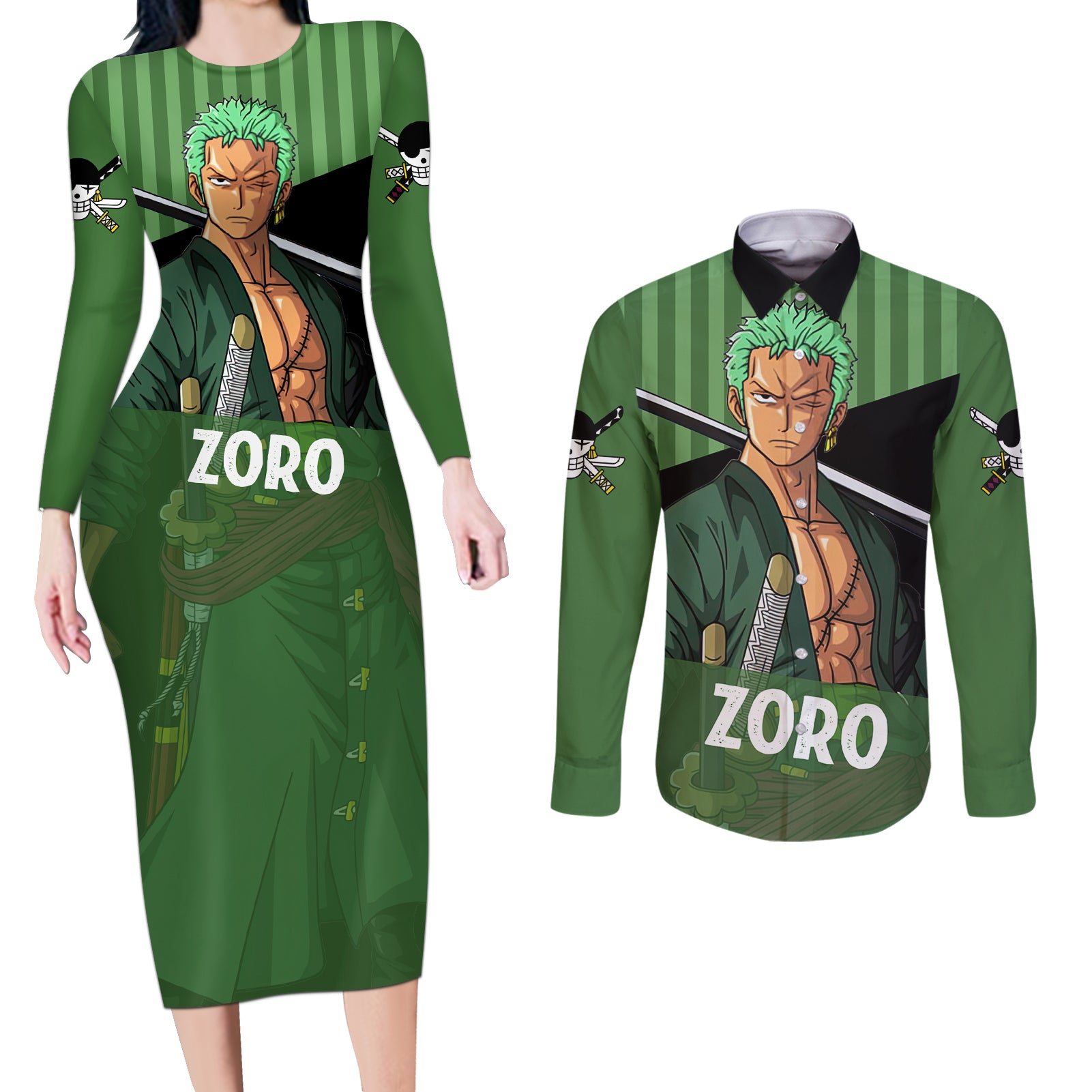 Roronoa Zoro - One Piece Couples Matching Long Sleeve Bodycon Dress and Long Sleeve Button Shirt