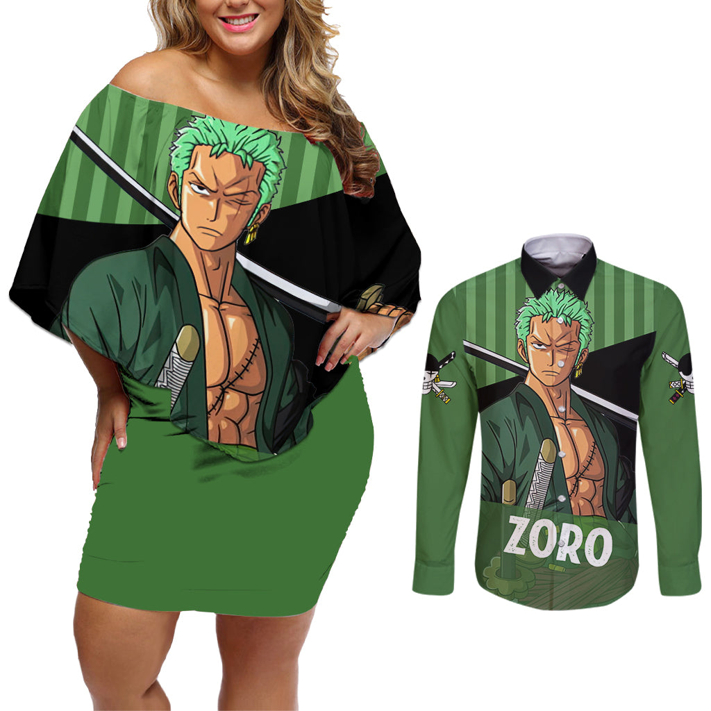 Roronoa Zoro - One Piece Couples Matching Off Shoulder Short Dress and Long Sleeve Button Shirt