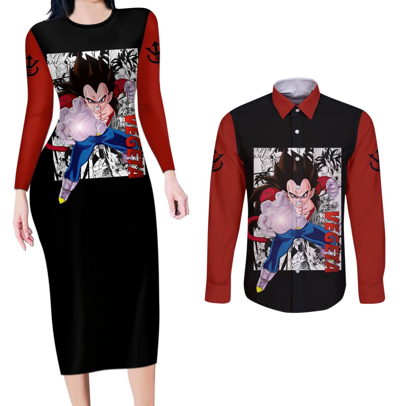 Vegeta Super Saiyan 4  Anime - Manga Couples Matching Long Sleeve Bodycon Dress and Long Sleeve Button Shirt