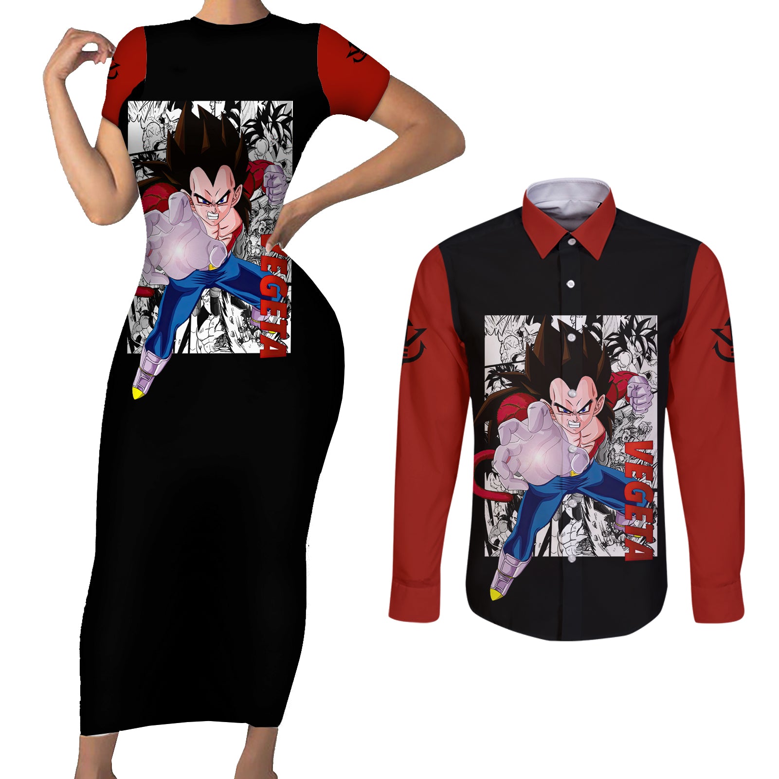 Vegeta Super Saiyan 4  Anime - Manga Couples Matching Short Sleeve Bodycon Dress and Long Sleeve Button Shirt