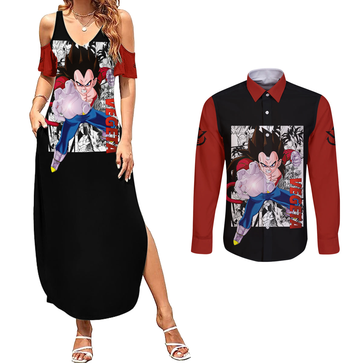 Vegeta Super Saiyan 4  Anime - Manga Couples Matching Summer Maxi Dress and Long Sleeve Button Shirt