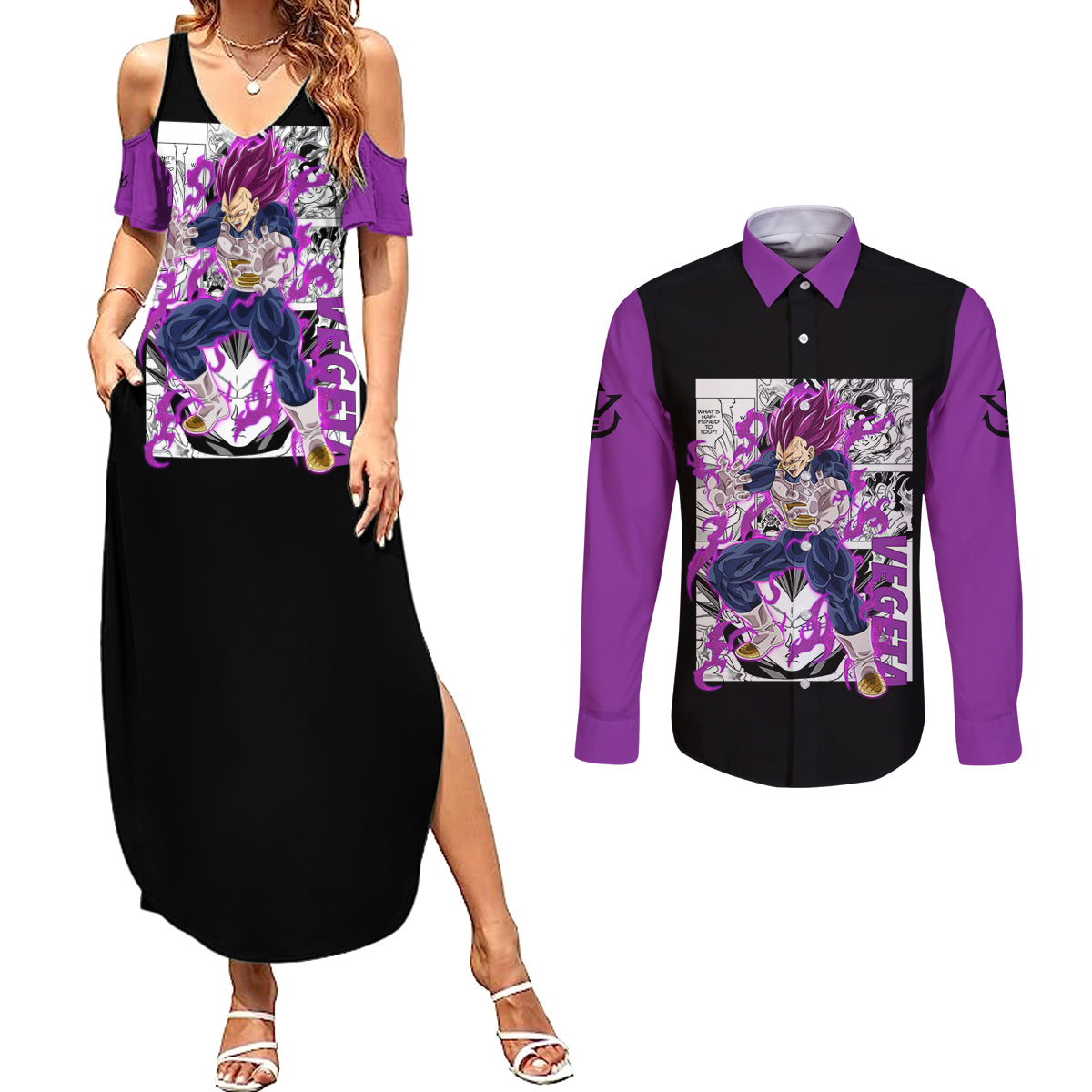 Vegeta Ultra Ego - Anime Manga Couples Matching Summer Maxi Dress and Long Sleeve Button Shirt