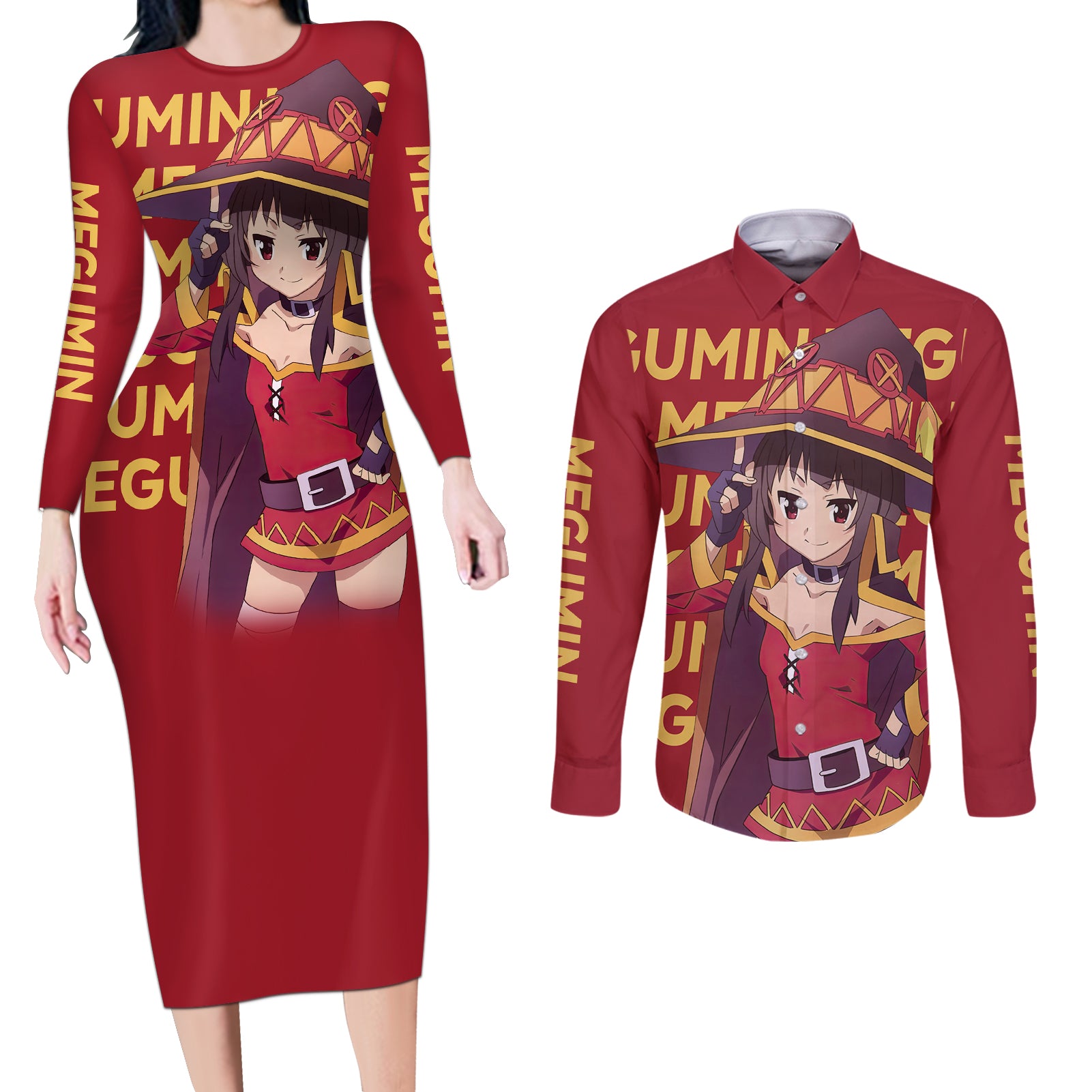 Megumin Couples Matching Long Sleeve Bodycon Dress and Long Sleeve Button Shirt