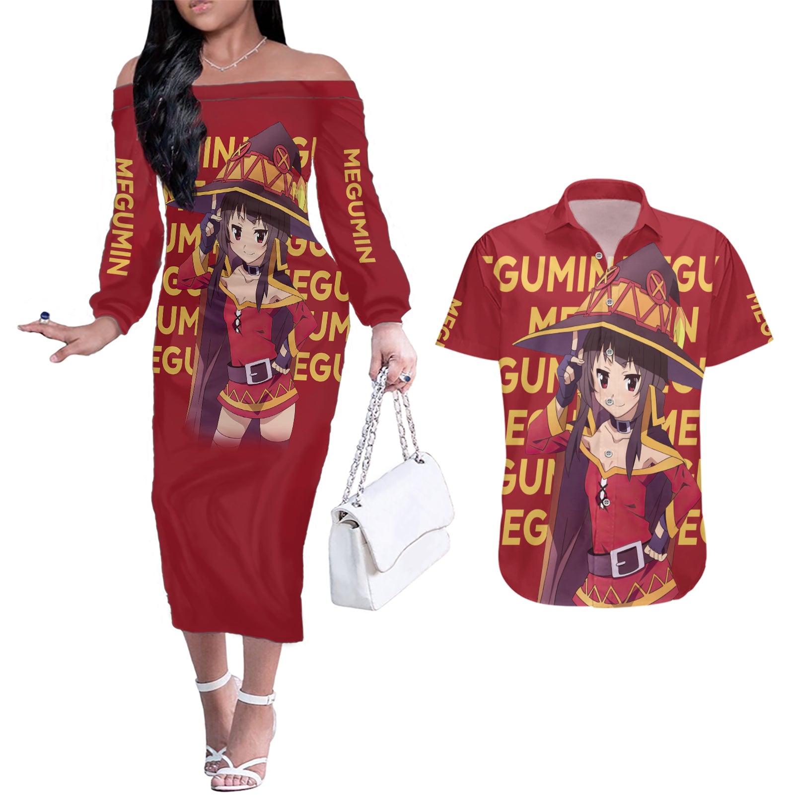 Megumin Couples Matching Off The Shoulder Long Sleeve Dress and Hawaiian Shirt