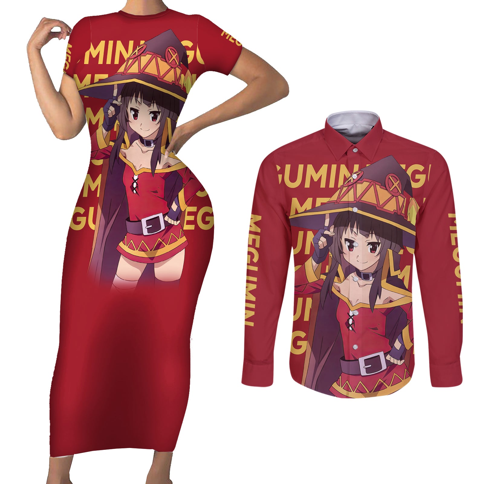 Megumin Couples Matching Short Sleeve Bodycon Dress and Long Sleeve Button Shirt