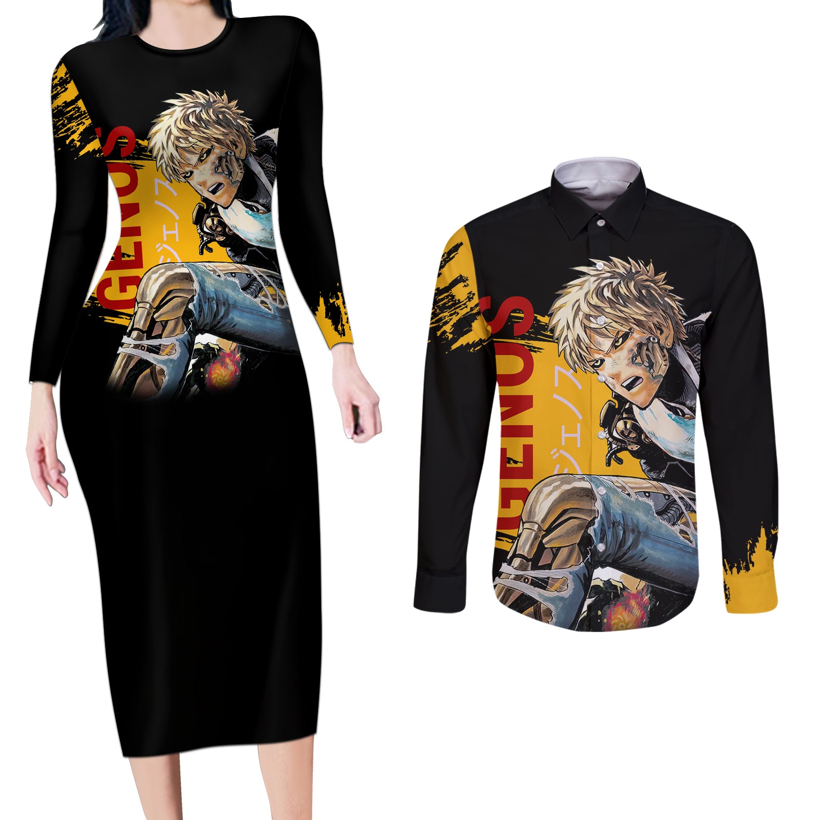 Genos - One Puch Man Couples Matching Long Sleeve Bodycon Dress and Long Sleeve Button Shirt