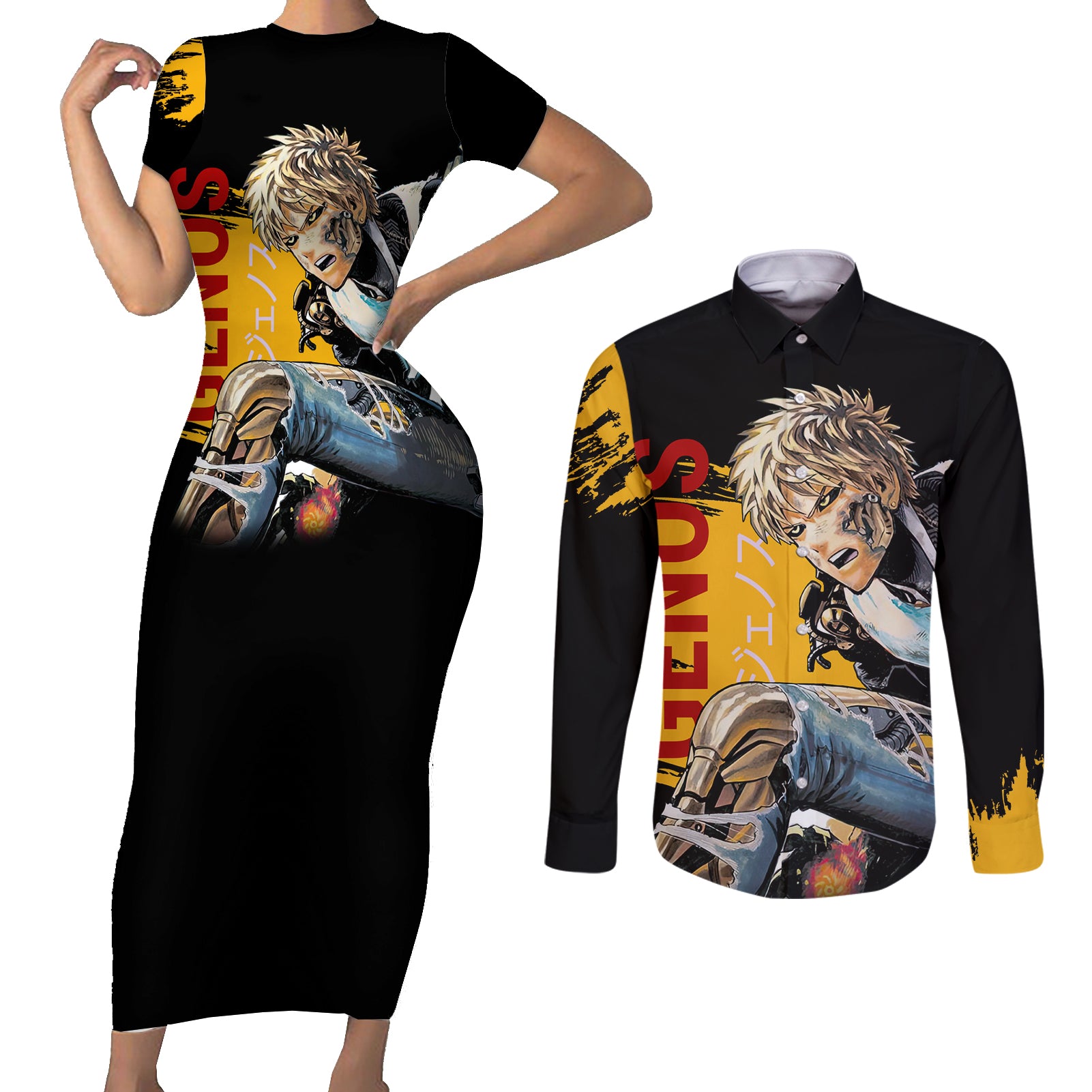 Genos - One Puch Man Couples Matching Short Sleeve Bodycon Dress and Long Sleeve Button Shirt