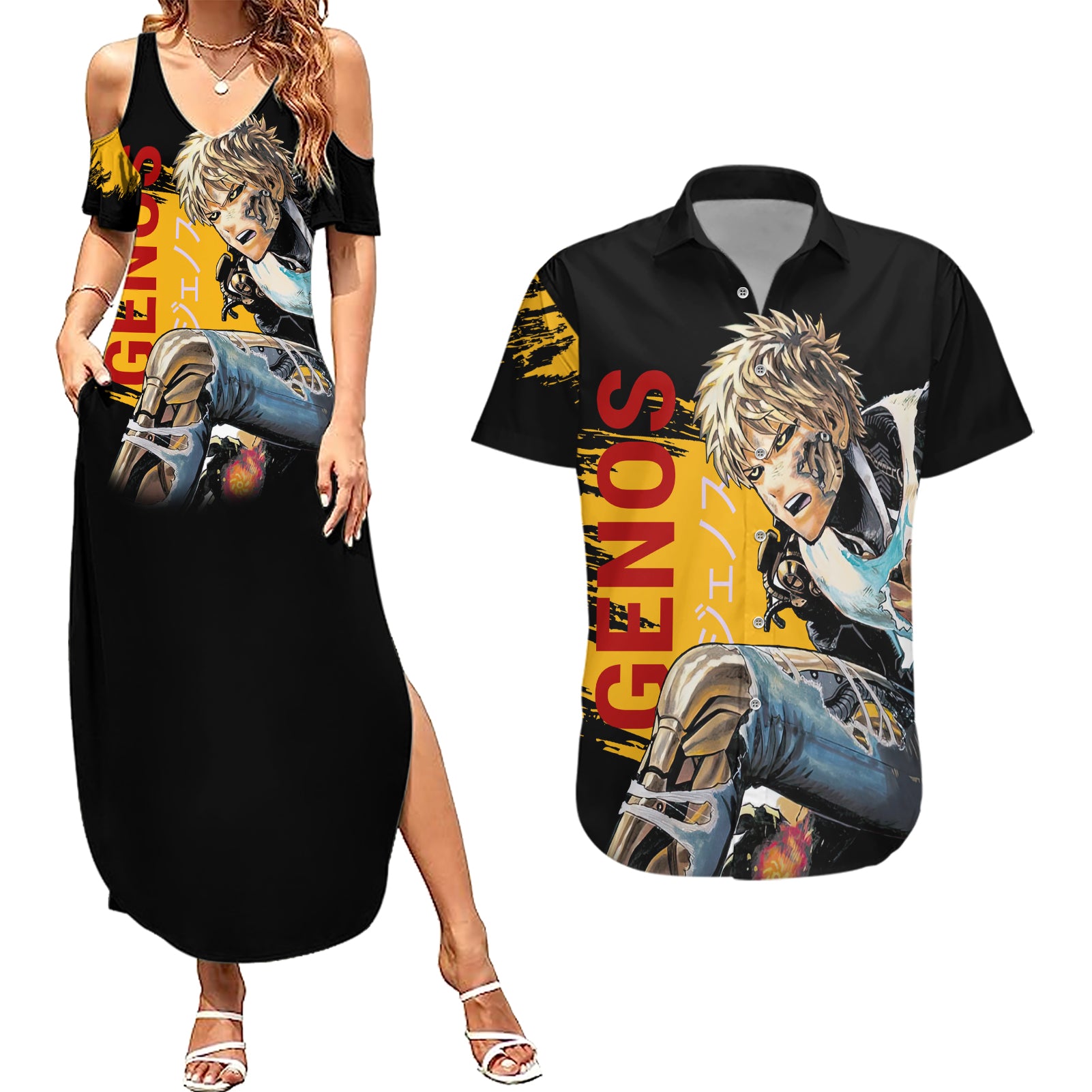 Genos - One Puch Man Couples Matching Summer Maxi Dress and Hawaiian Shirt