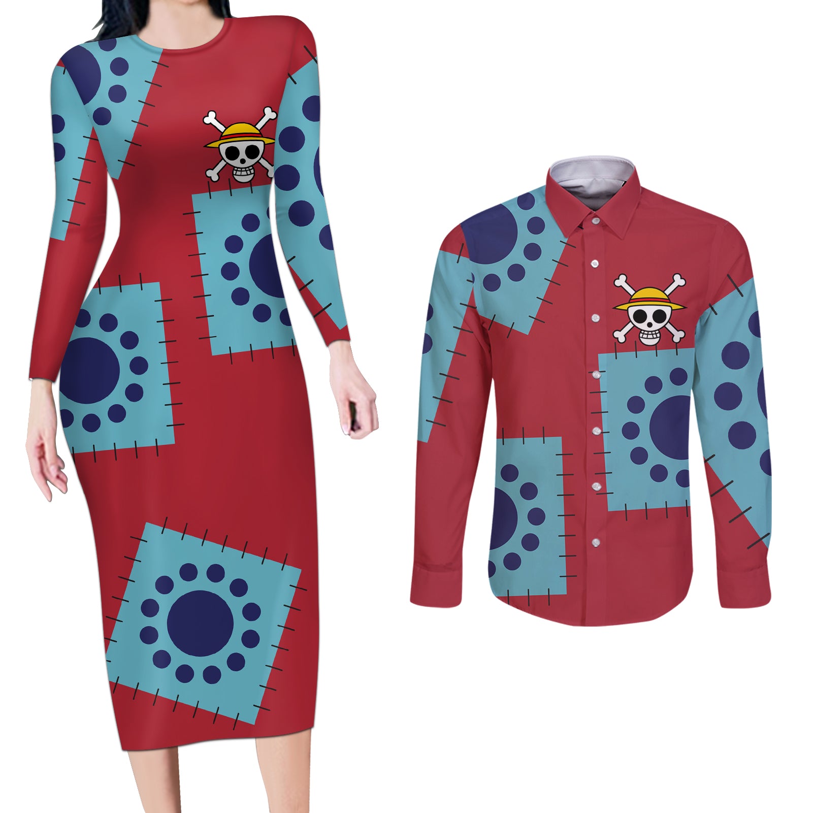 Luffy Wano Arc Couples Matching Long Sleeve Bodycon Dress and Long Sleeve Button Shirt