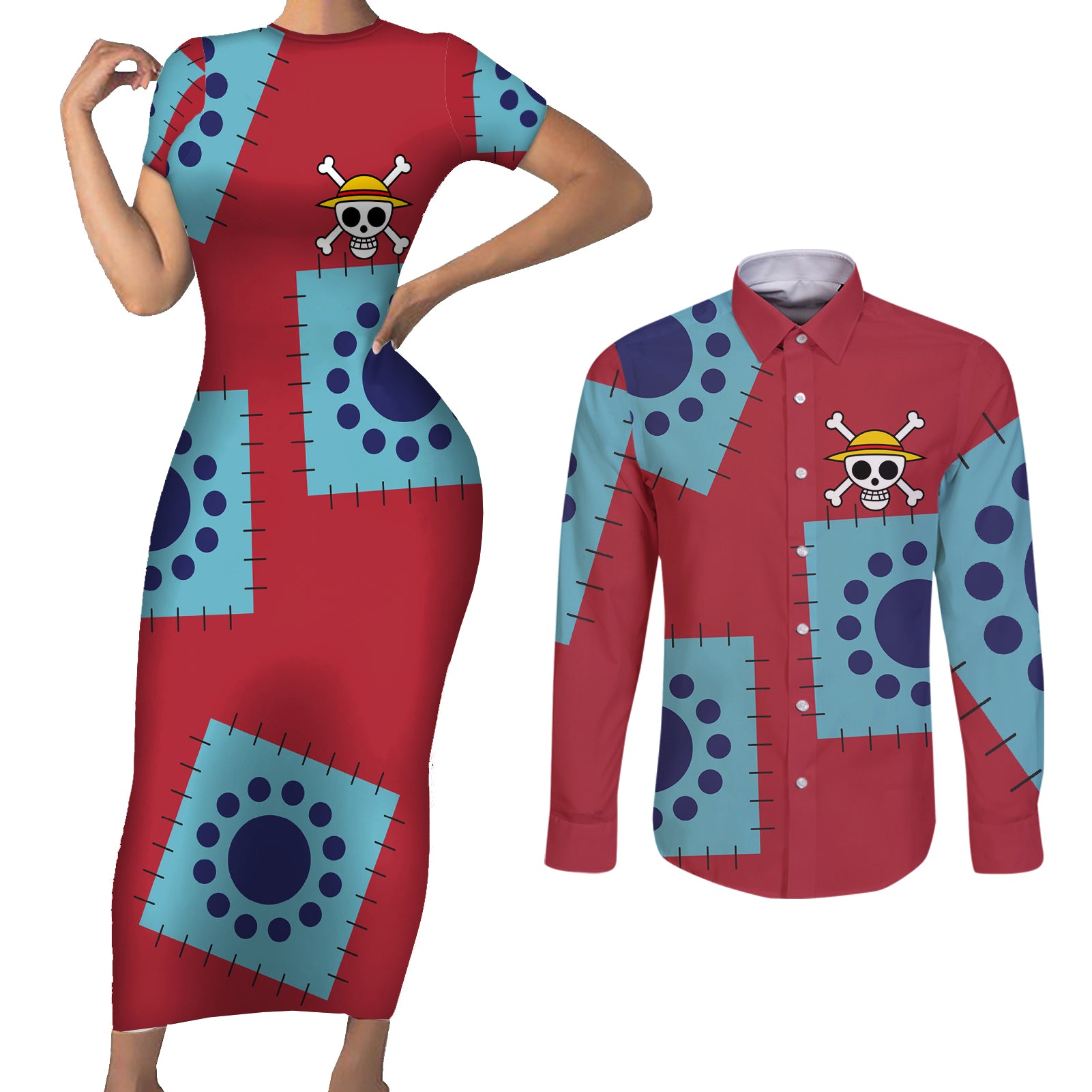 Luffy Wano Arc Couples Matching Short Sleeve Bodycon Dress and Long Sleeve Button Shirt