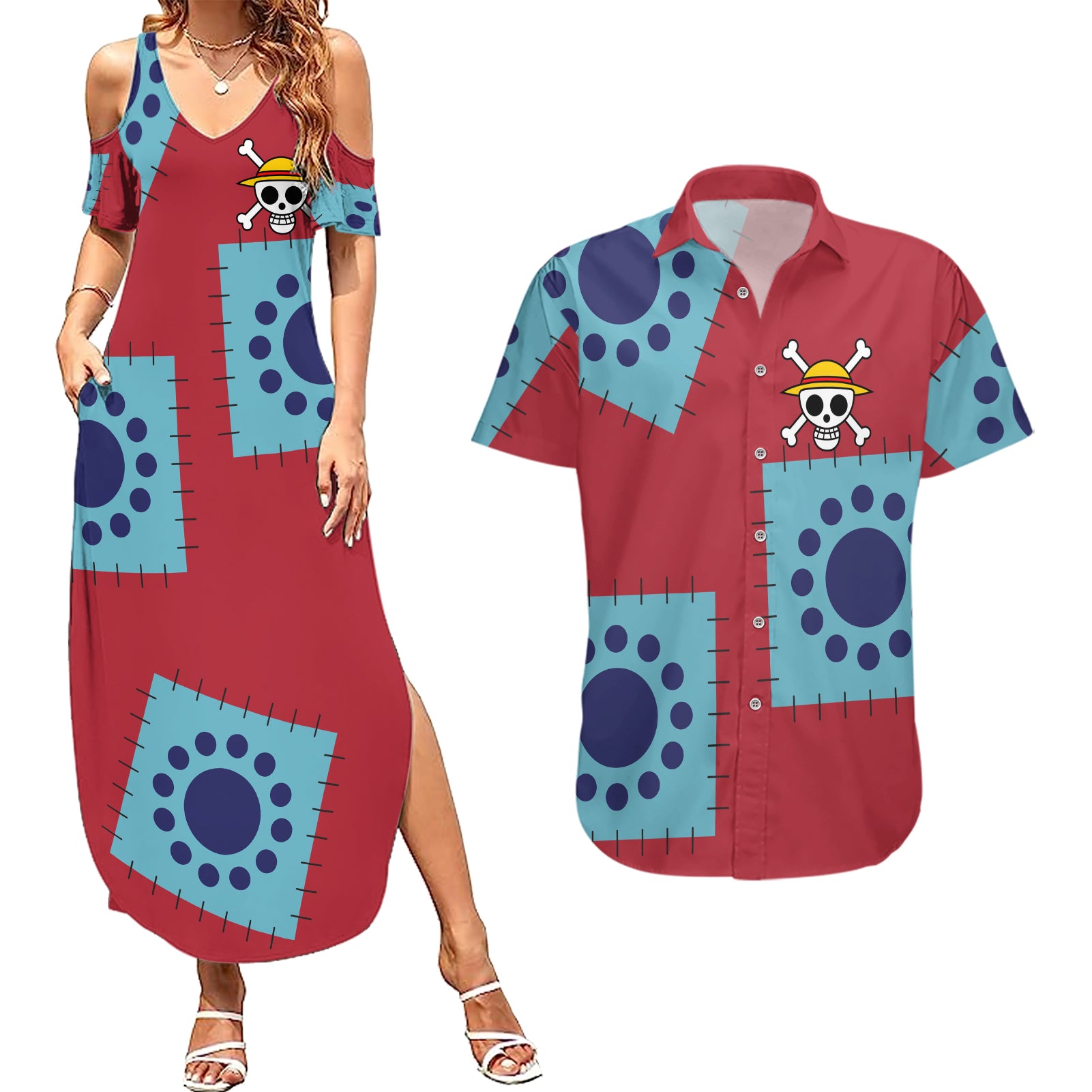 Luffy Wano Arc Couples Matching Summer Maxi Dress and Hawaiian Shirt