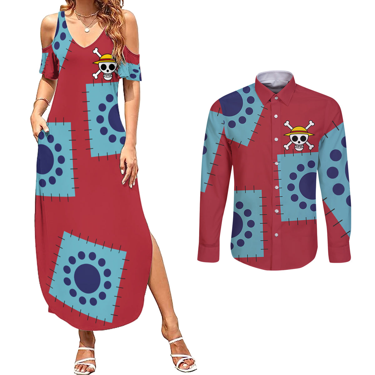 Luffy Wano Arc Couples Matching Summer Maxi Dress and Long Sleeve Button Shirt