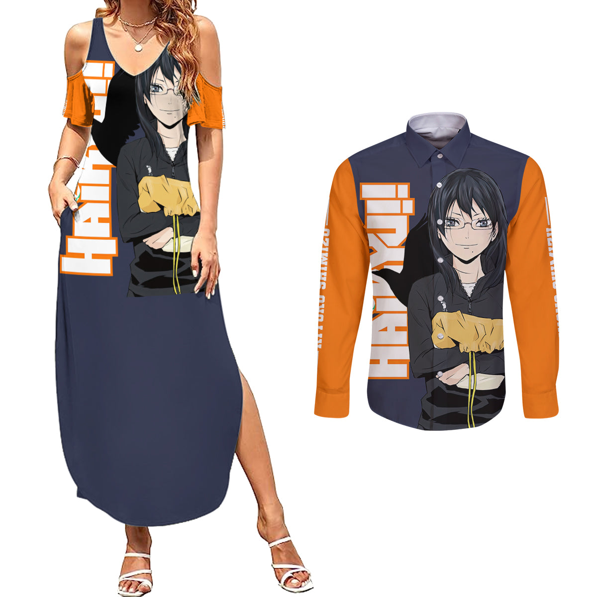 Karasuno Kiyoko Shimizu Couples Matching Summer Maxi Dress and Long Sleeve Button Shirt