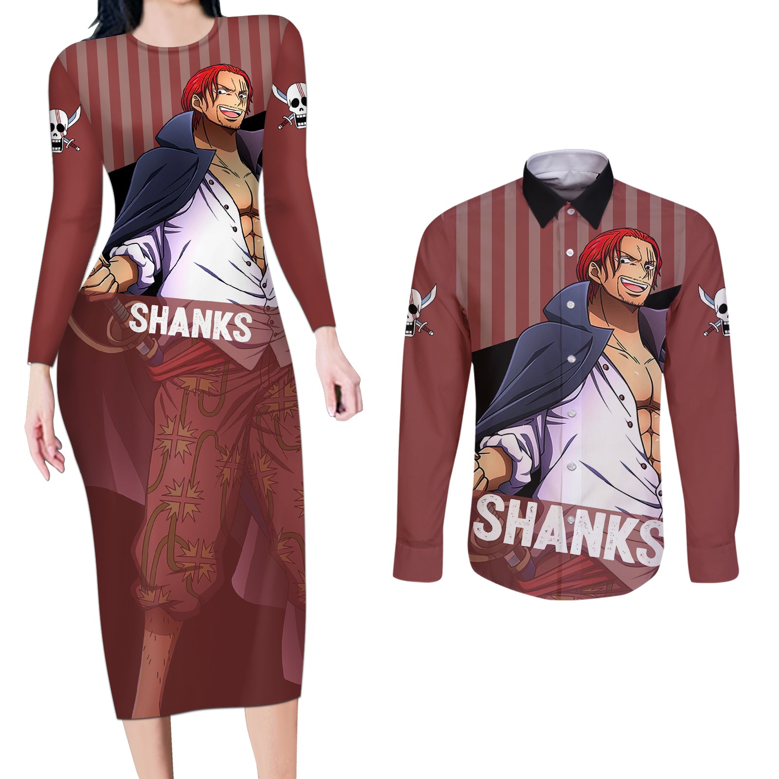 Shanks Red-Haired - Yonko One Piece Couples Matching Long Sleeve Bodycon Dress and Long Sleeve Button Shirt