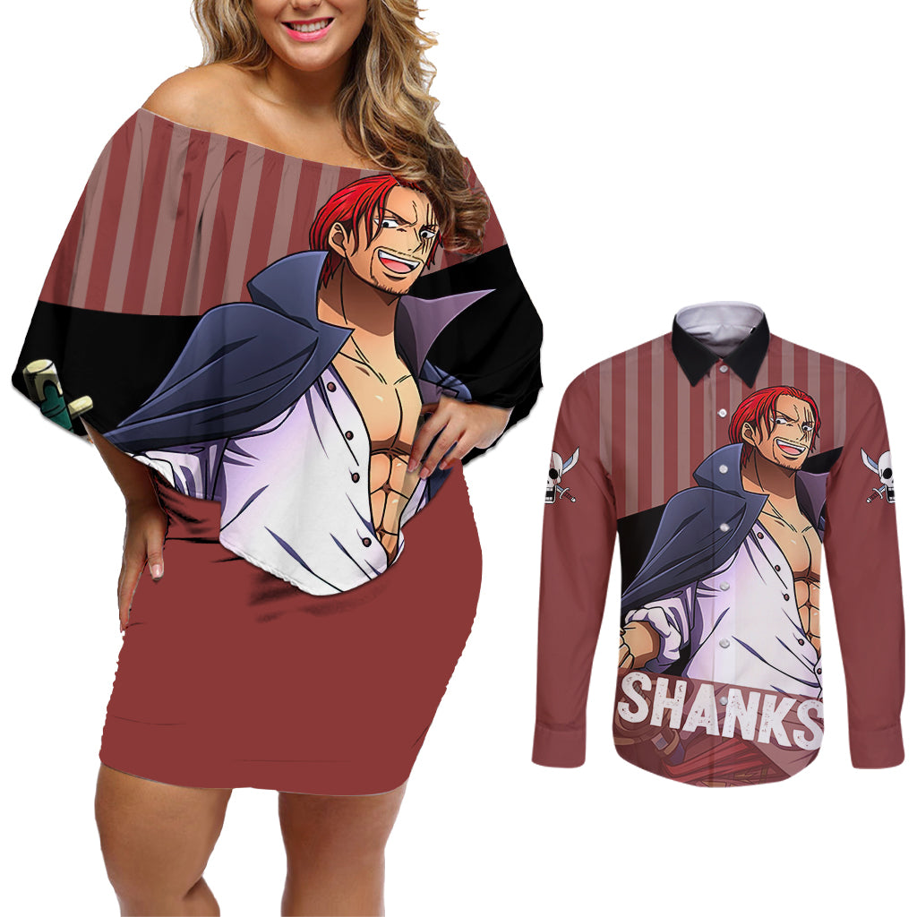 Shanks Red-Haired - Yonko One Piece Couples Matching Off Shoulder Short Dress and Long Sleeve Button Shirt