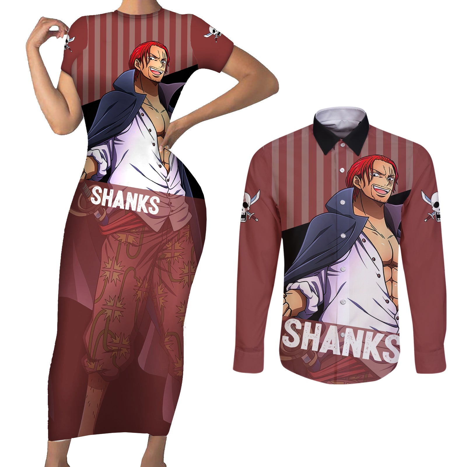 Shanks Red-Haired - Yonko One Piece Couples Matching Short Sleeve Bodycon Dress and Long Sleeve Button Shirt