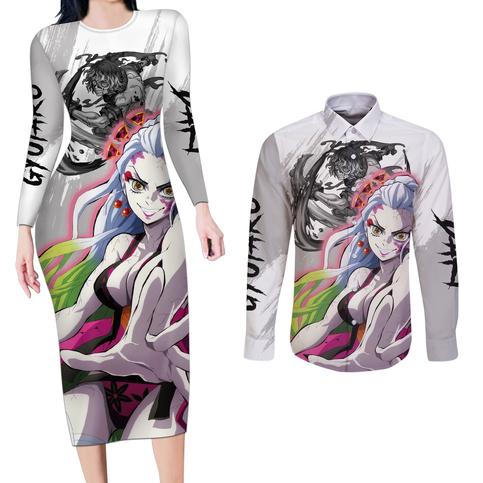 Gyutato and Daki Couples Matching Long Sleeve Bodycon Dress and Long Sleeve Button Shirt Demon Slayer