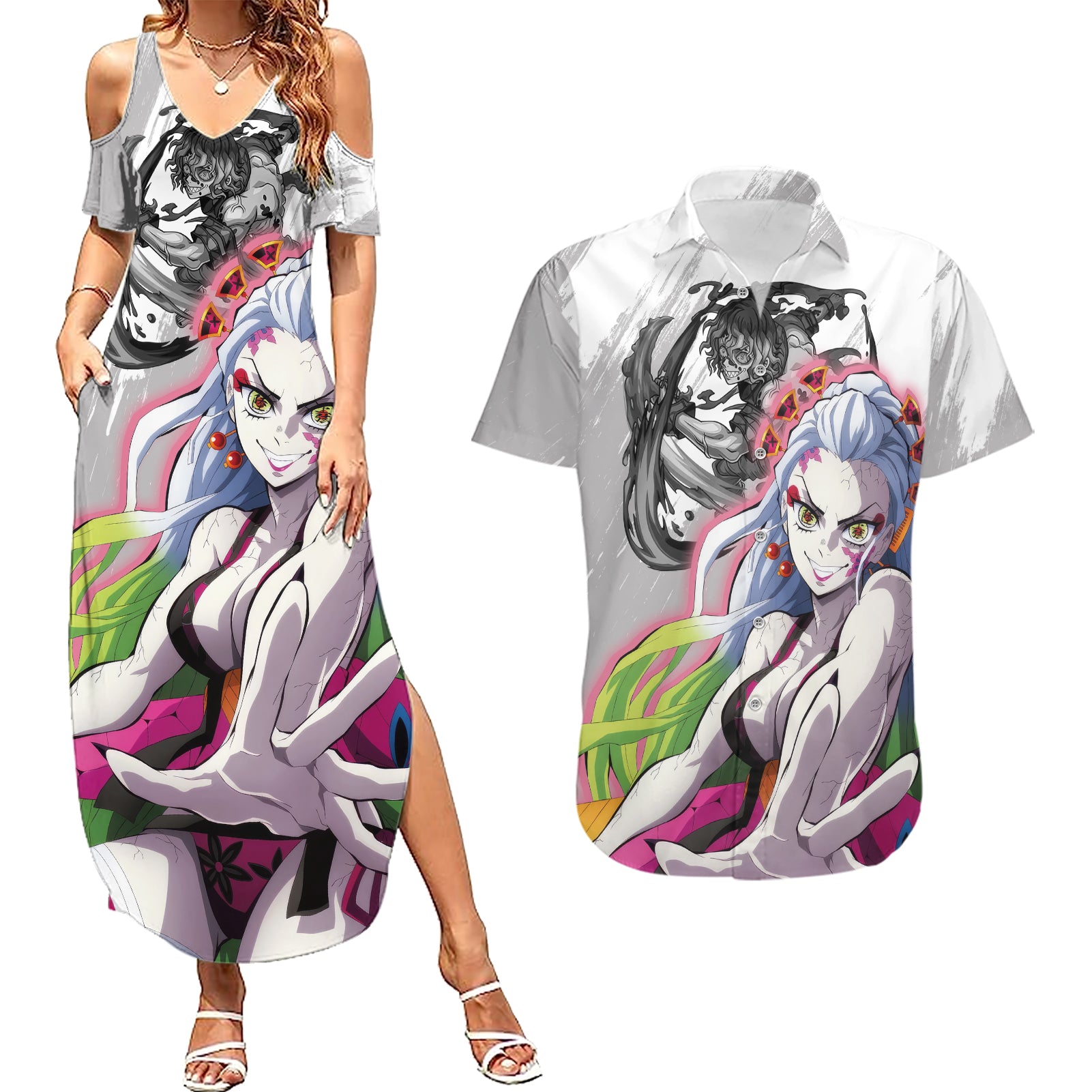 Gyutato and Daki Couples Matching Summer Maxi Dress and Hawaiian Shirt Demon Slayer