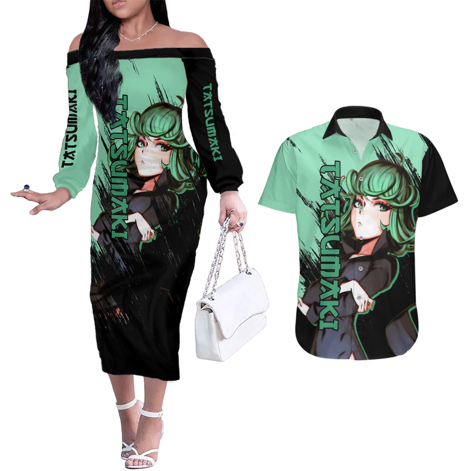 Tatsumaki Couples Matching Off The Shoulder Long Sleeve Dress and Hawaiian Shirt Demon Slayer