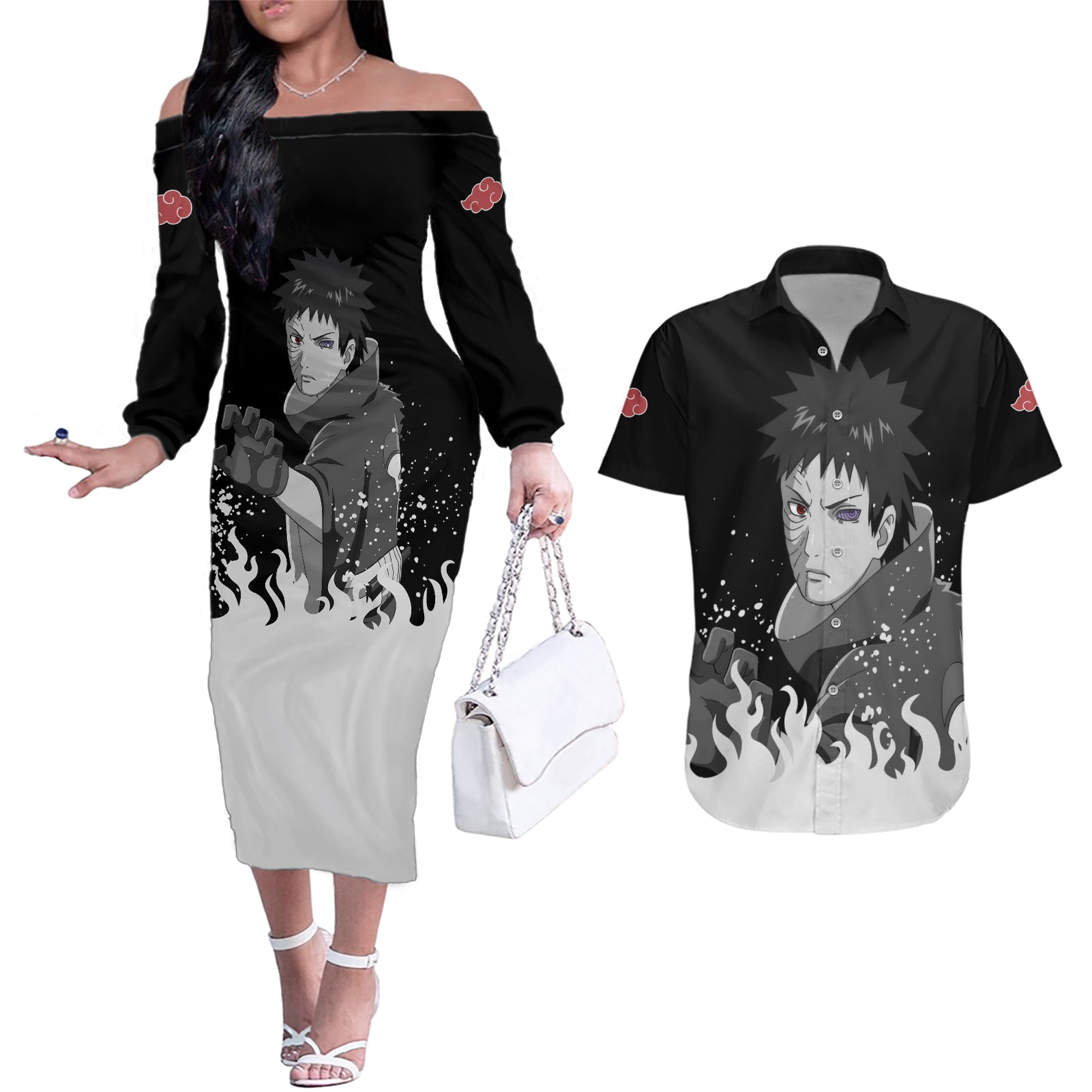 Obito Uchiha Couples Matching Off The Shoulder Long Sleeve Dress and Hawaiian Shirt Naruto