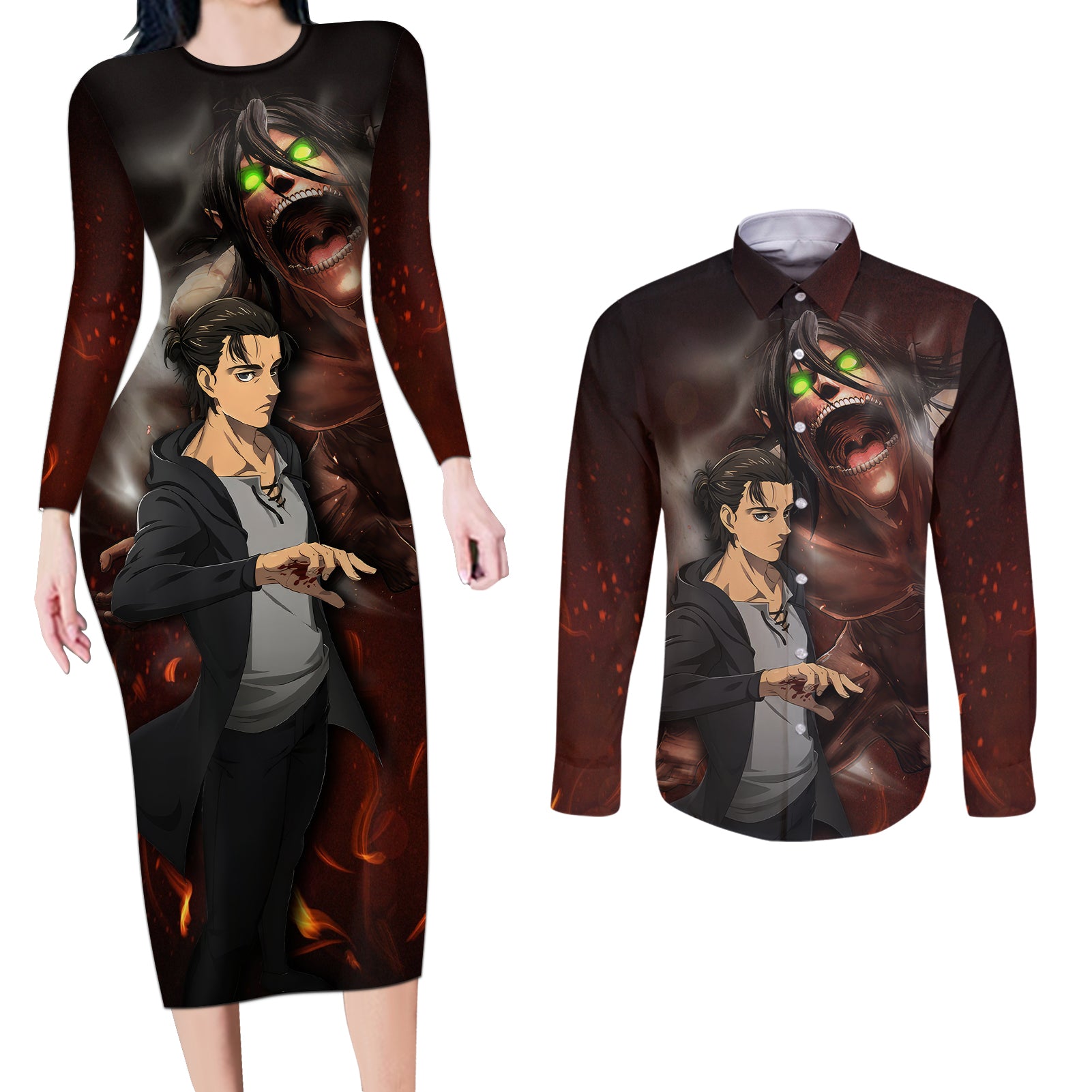 Eren Yeager - AOT Final Season Anime Couples Matching Long Sleeve Bodycon Dress and Long Sleeve Button Shirt Attack On Titan