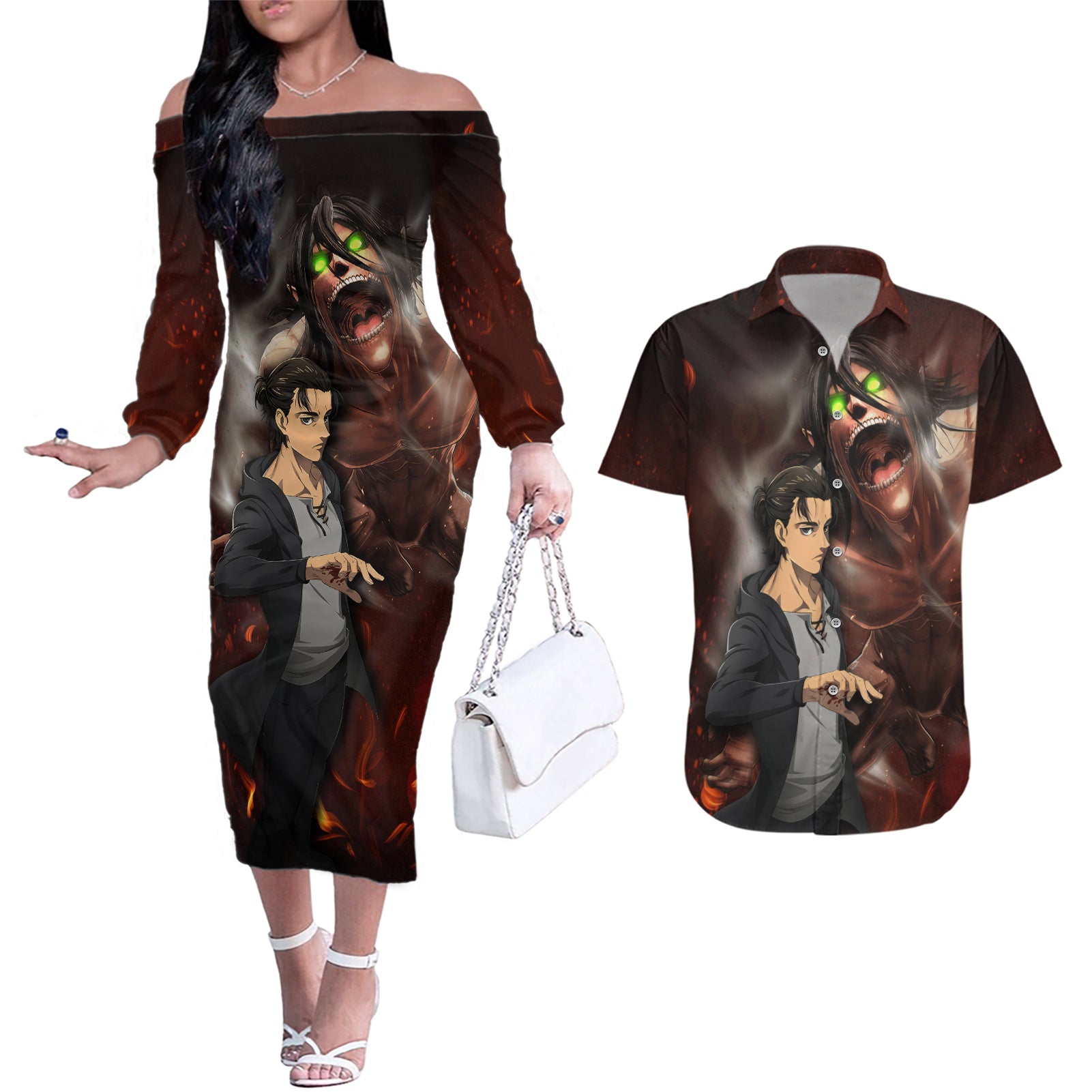 Eren Yeager - AOT Final Season Anime Couples Matching Off The Shoulder Long Sleeve Dress and Hawaiian Shirt Attack On Titan