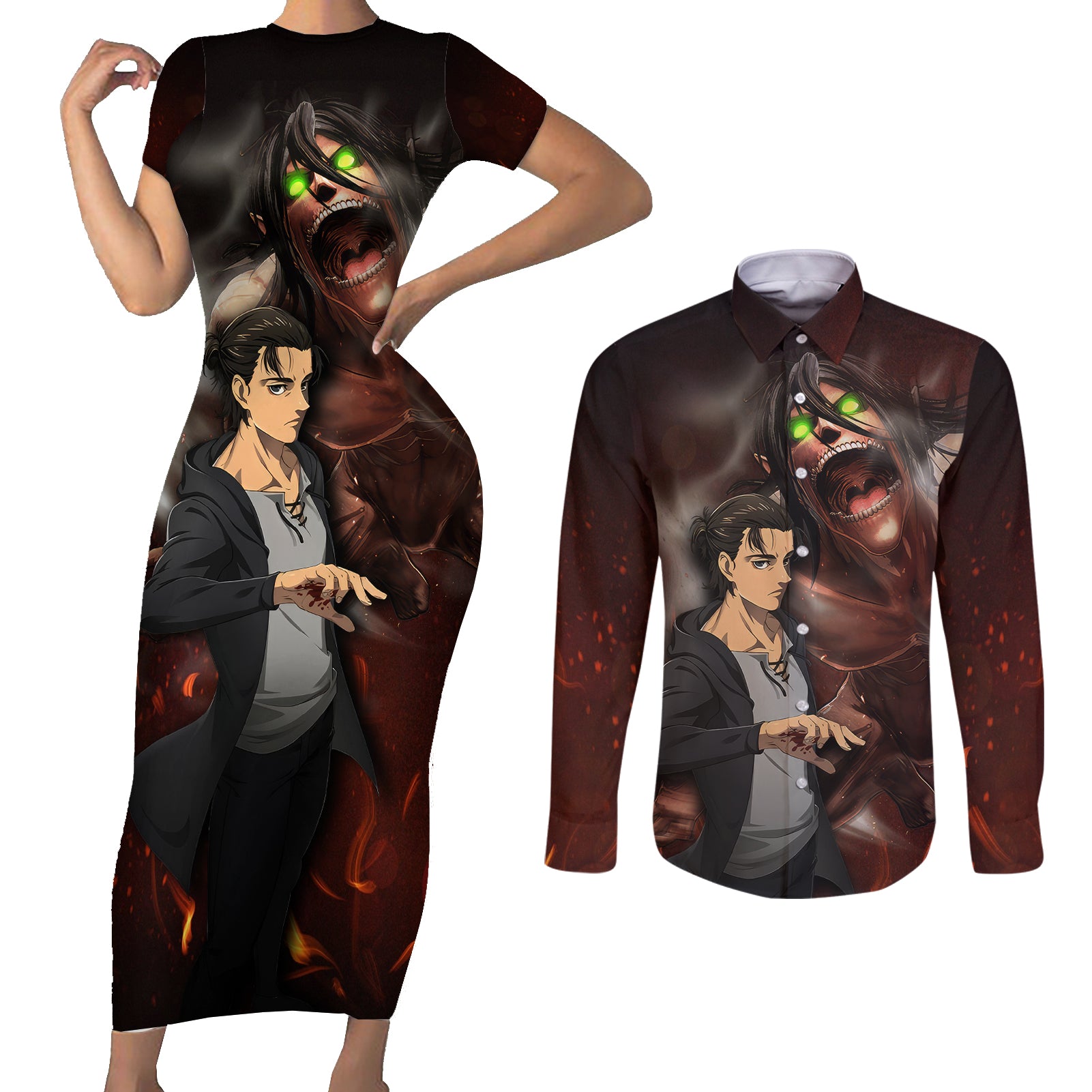 Eren Yeager - AOT Final Season Anime Couples Matching Short Sleeve Bodycon Dress and Long Sleeve Button Shirt Attack On Titan