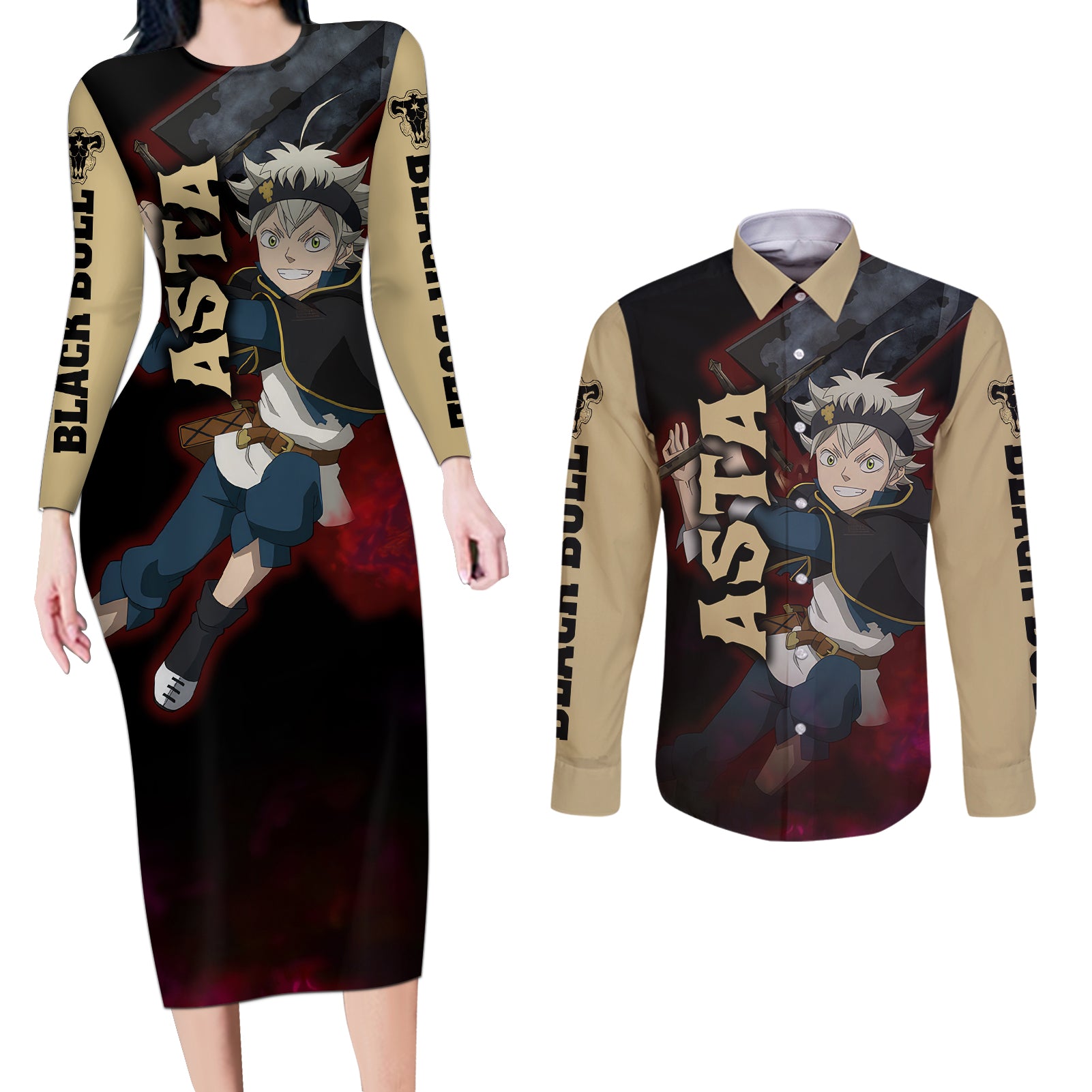 Black Bull Devil Asta - Anime Couples Matching Long Sleeve Bodycon Dress and Long Sleeve Button Shirt Black Clover Anime