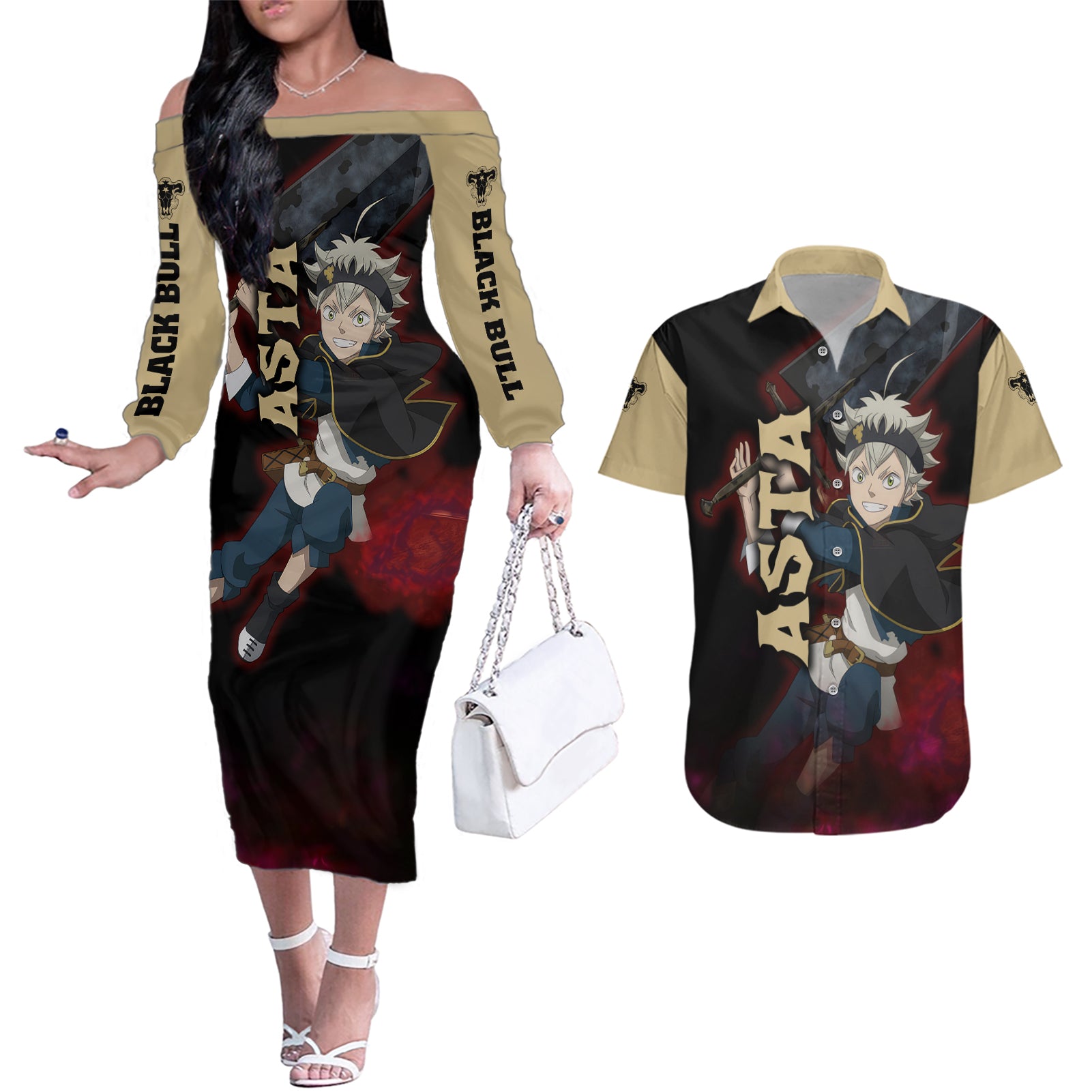 Black Bull Devil Asta - Anime Couples Matching Off The Shoulder Long Sleeve Dress and Hawaiian Shirt Black Clover Anime