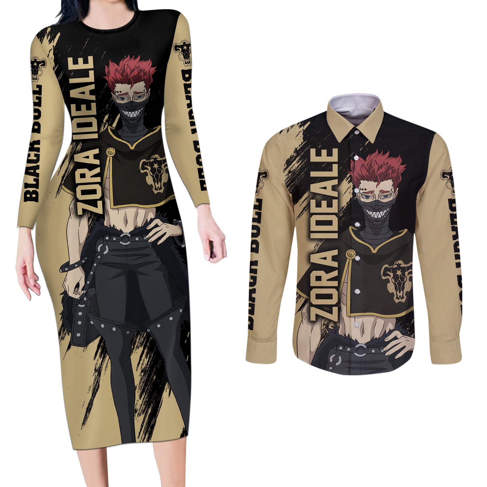 Black Bull Zora Ideale Couples Matching Long Sleeve Bodycon Dress and Long Sleeve Button Shirt Black Clover Anime