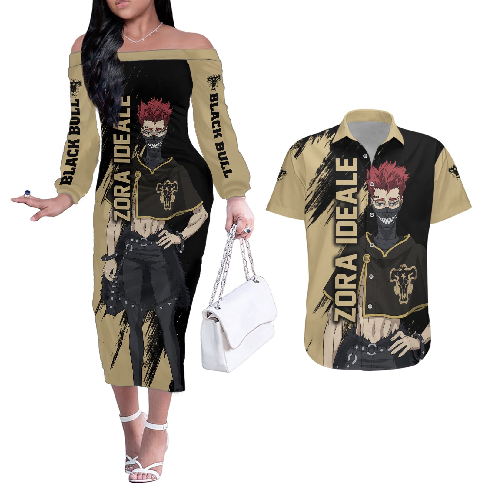 Black Bull Zora Ideale Couples Matching Off The Shoulder Long Sleeve Dress and Hawaiian Shirt Black Clover Anime