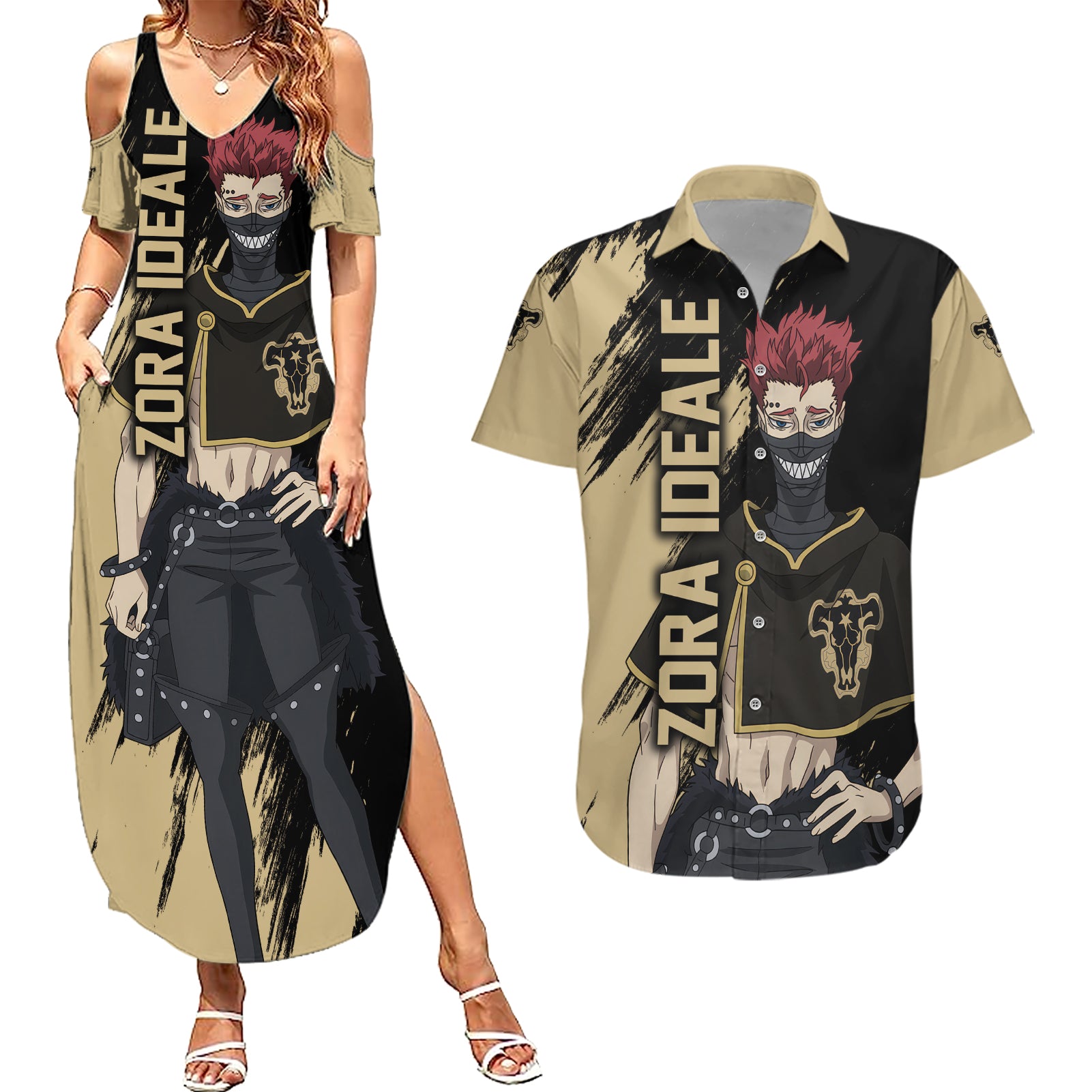 Black Bull Zora Ideale Couples Matching Summer Maxi Dress and Hawaiian Shirt Black Clover Anime