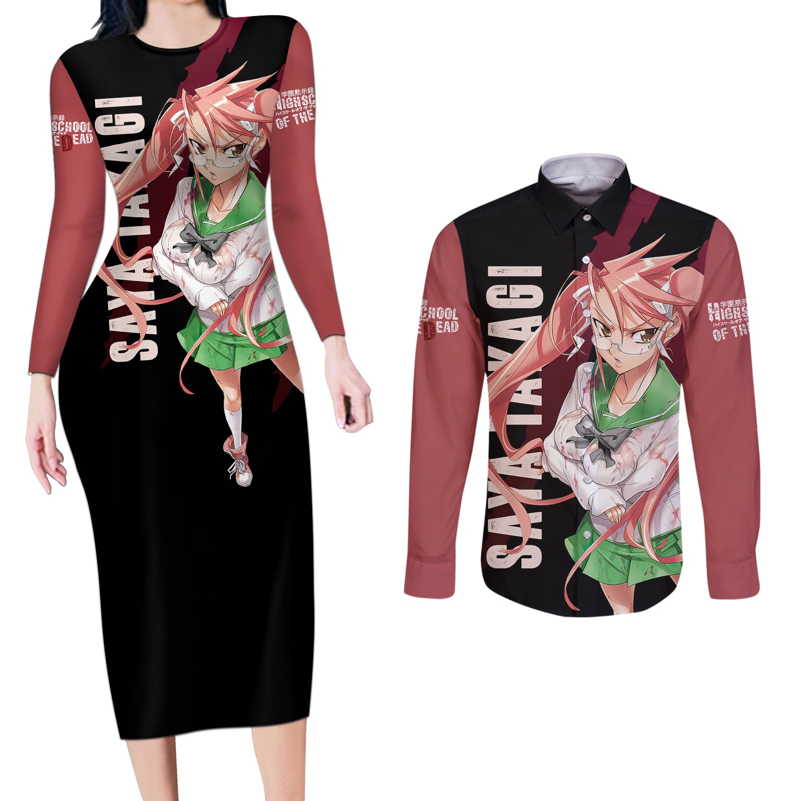 Saya Takagi Couples Matching Long Sleeve Bodycon Dress and Long Sleeve Button Shirt Highschool Of Dead