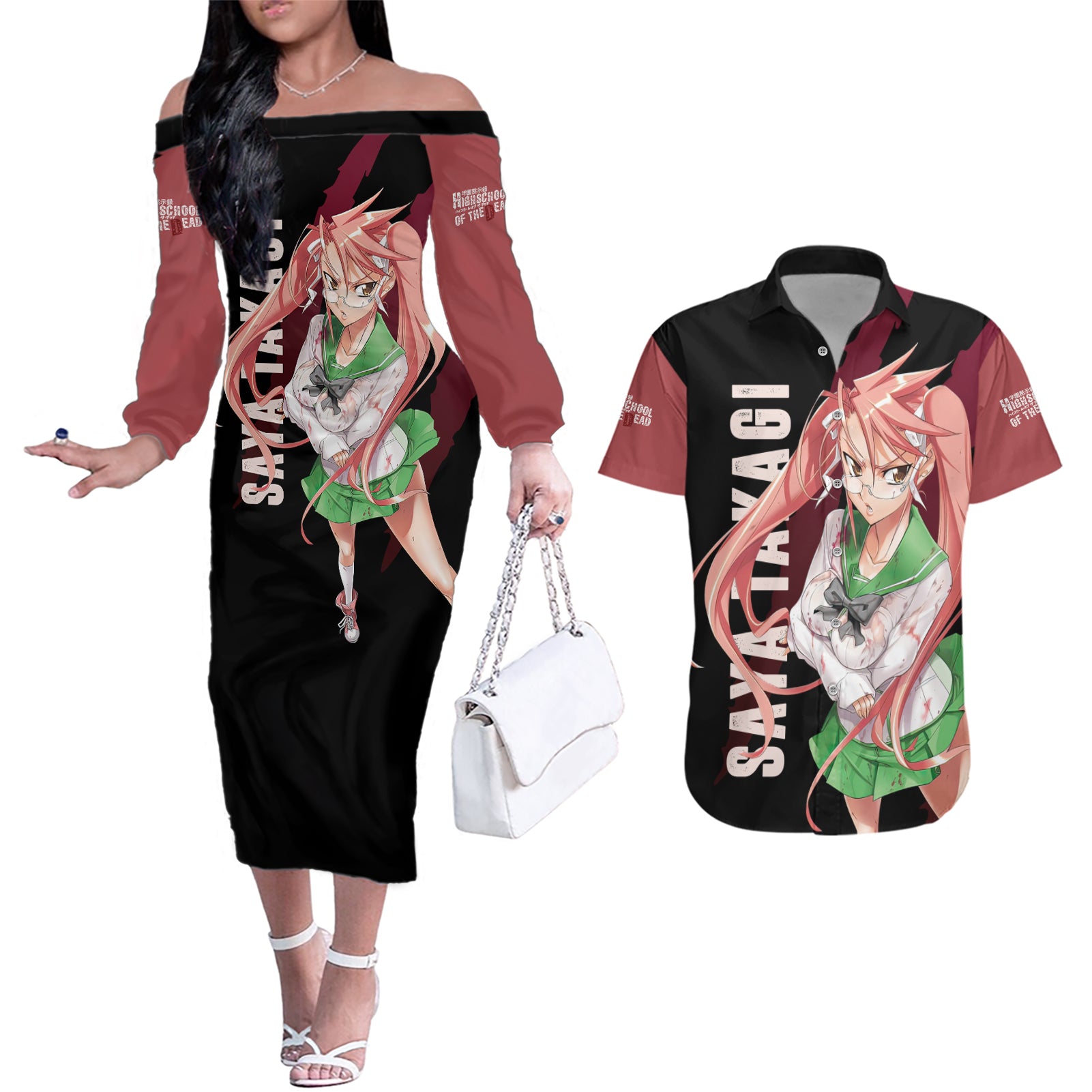 Saya Takagi Couples Matching Off The Shoulder Long Sleeve Dress and Hawaiian Shirt Highschool Of Dead